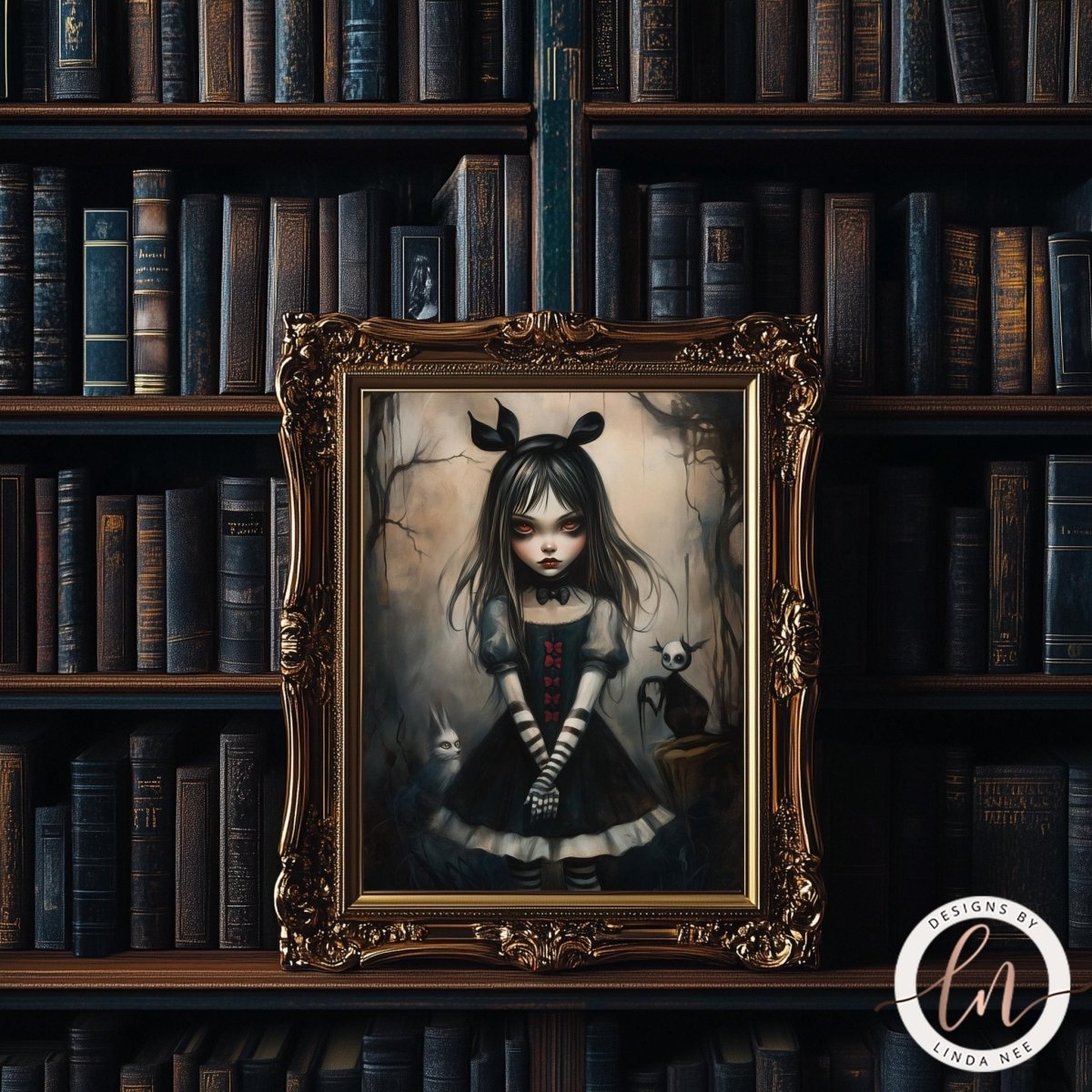 Dark academia art print displayed in an ornate gold frame with bookshelves