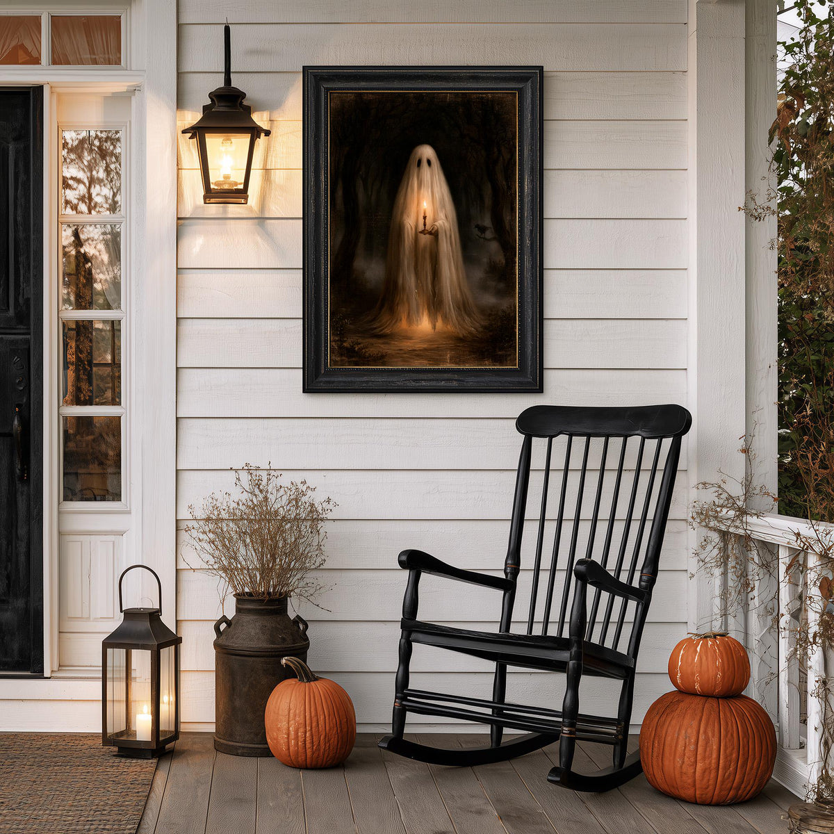 Porch with a black rocking chair, two pumpkins, a lantern, and the ghost print