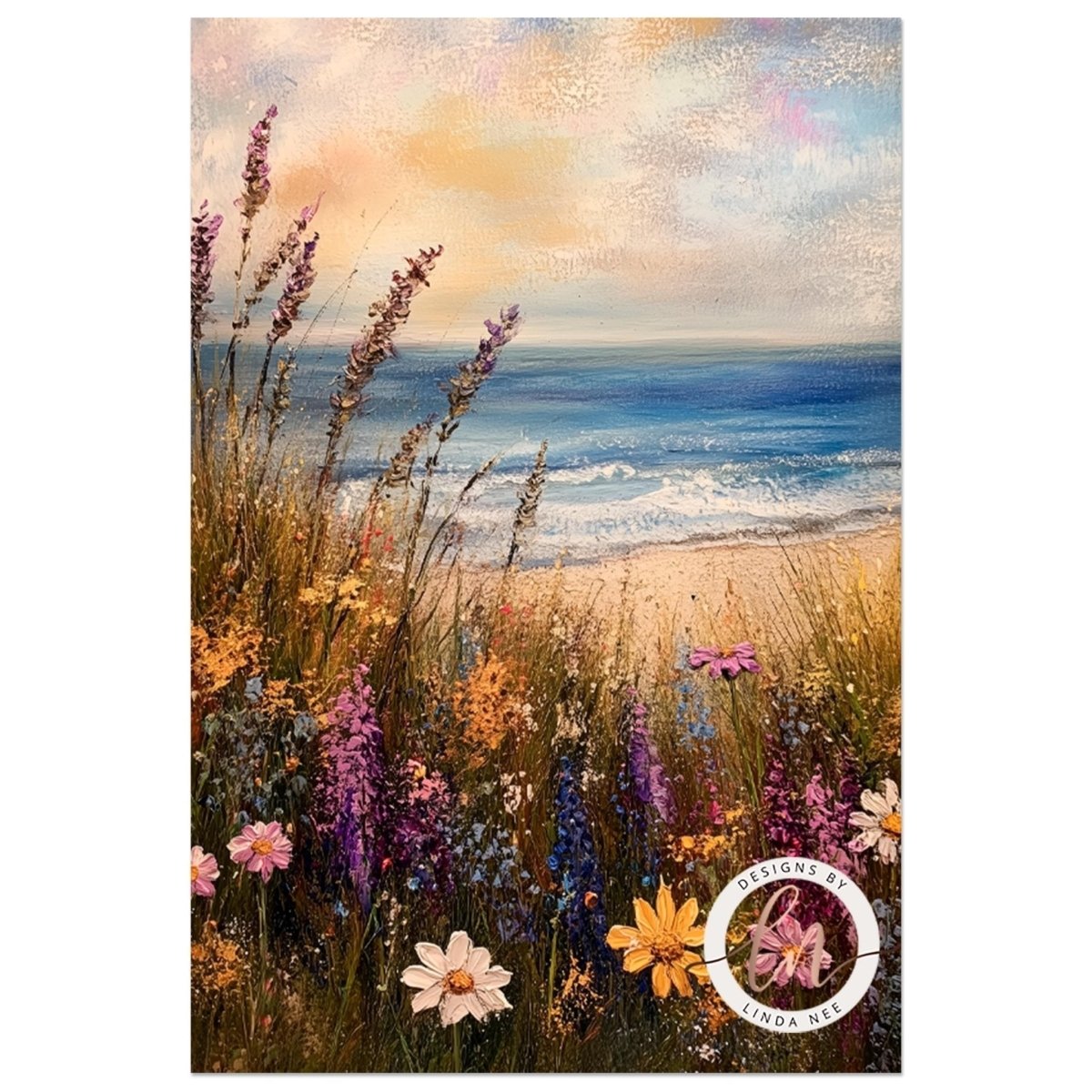 a vibrant and colorful coastal landscape, with a variety of flowers and plants in the foreground and a serene ocean in the background.