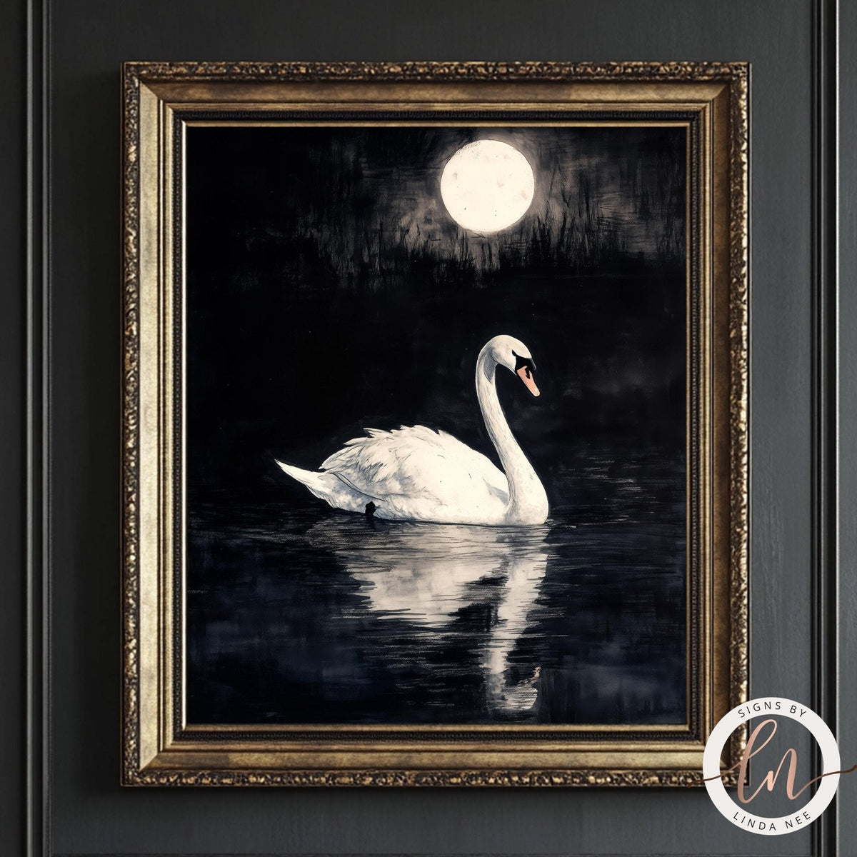A white swan gracefully swimming on a dark body of water, with a full moon illuminating the scene.
