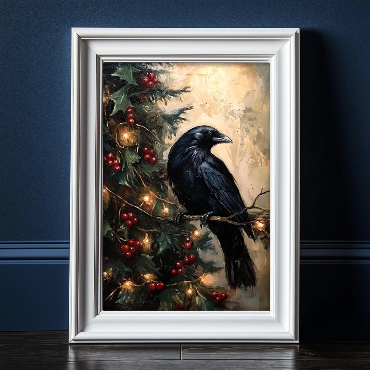 Crow art of a black bird on a berried Christmas branch with twinkling lights