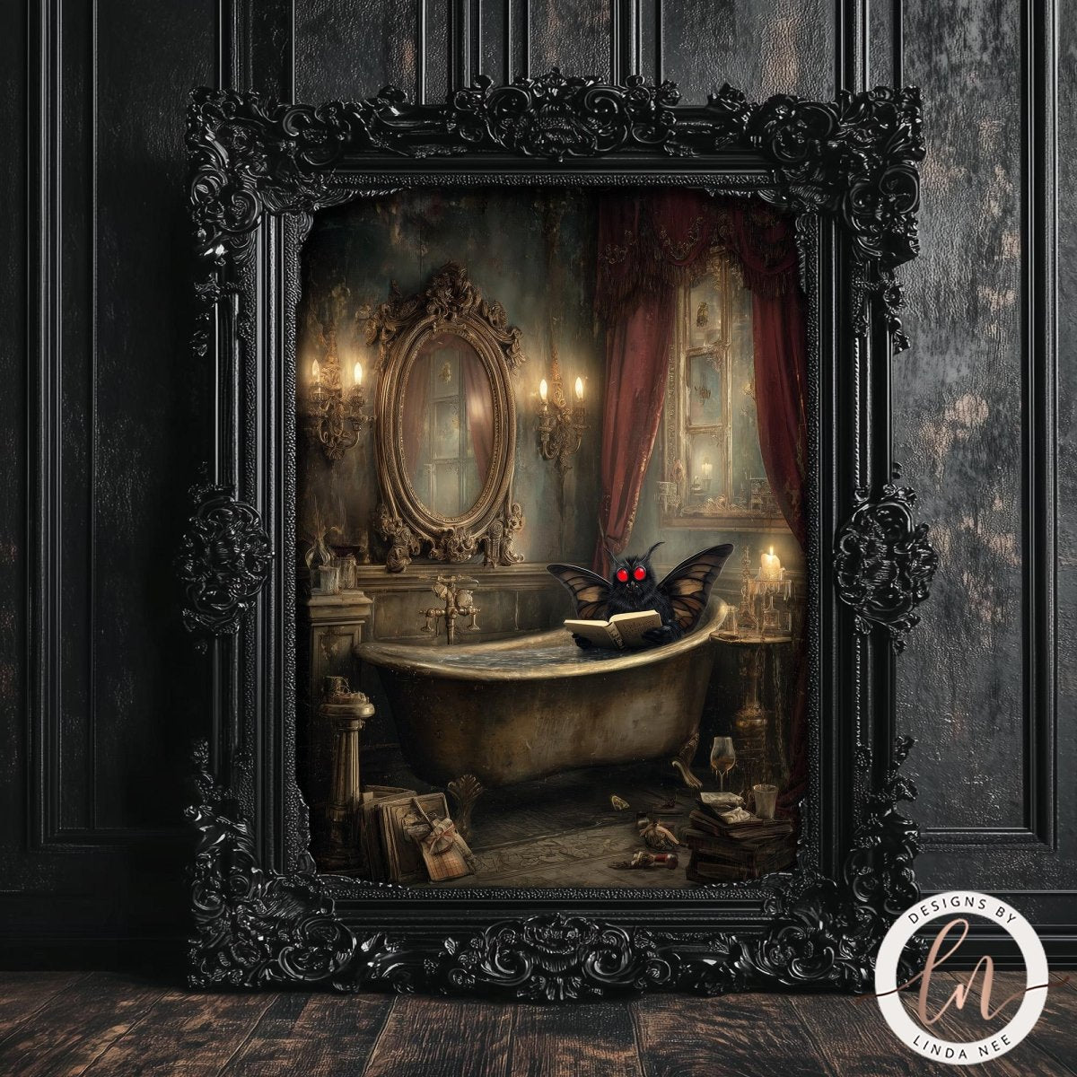 A bat-like creature is sitting in a bathtub, surrounded by various objects and a mirror in an ornate, gilded frame.