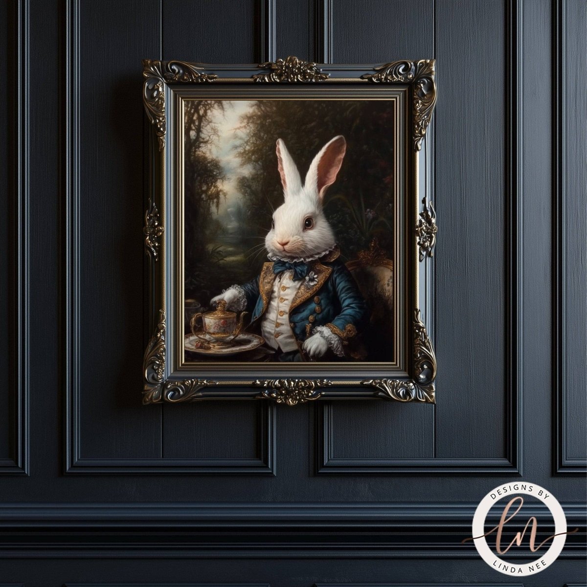 A framed painting of a white rabbit wearing a blue coat and holding a teapot, set against a forest background.