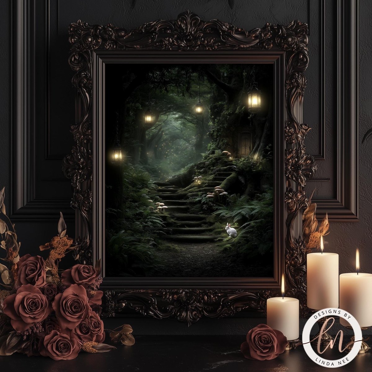 a dark, mysterious forest scene with a winding path leading through the dense foliage. A small rabbit can be seen in the distance, adding a touch of life to the otherwise eerie atmosphere. The scene is framed by an ornate, dark wooden frame, and a few lit candles are placed nearby, casting a warm glow and enhancing the overall mood of the image.