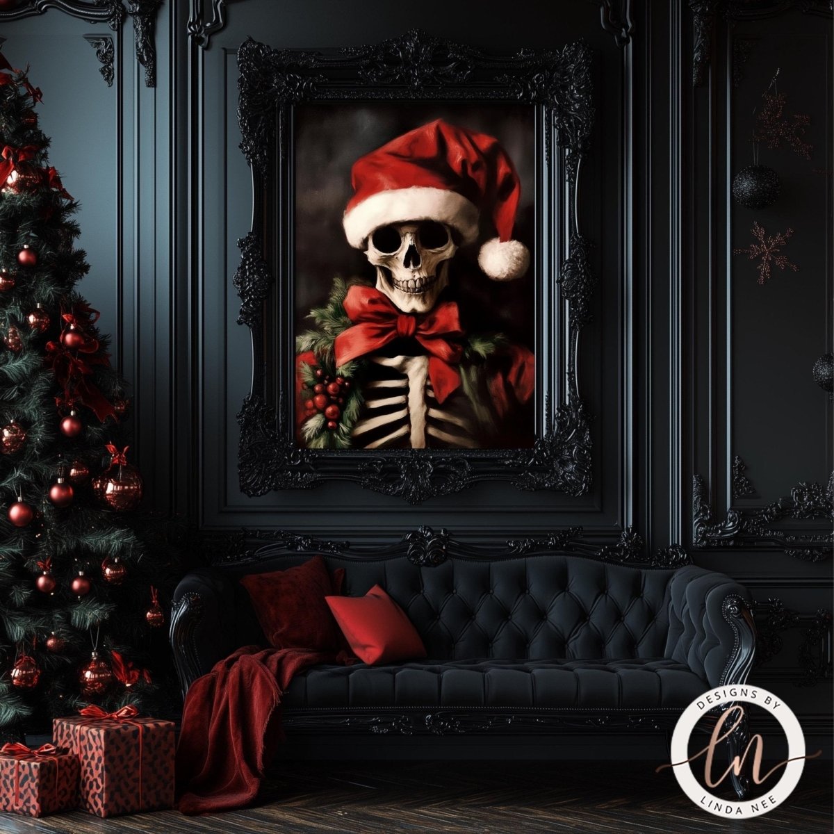 Skeleton in a red Santa hat displayed beside a Christmas tree and presents