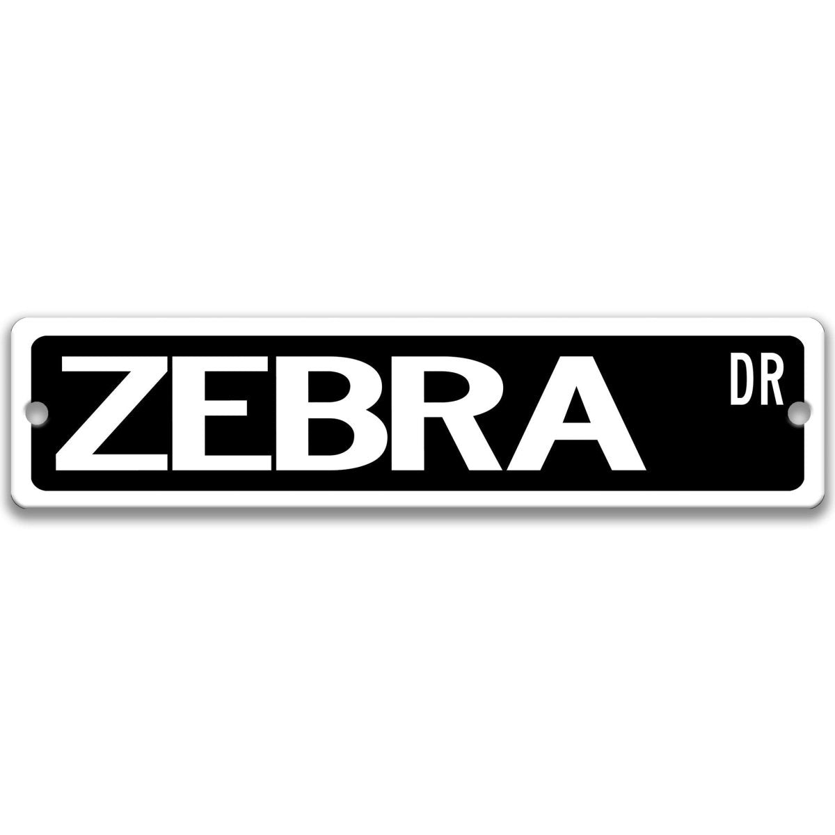 Zebra metal street sign with a black background reading ZEBRA DR