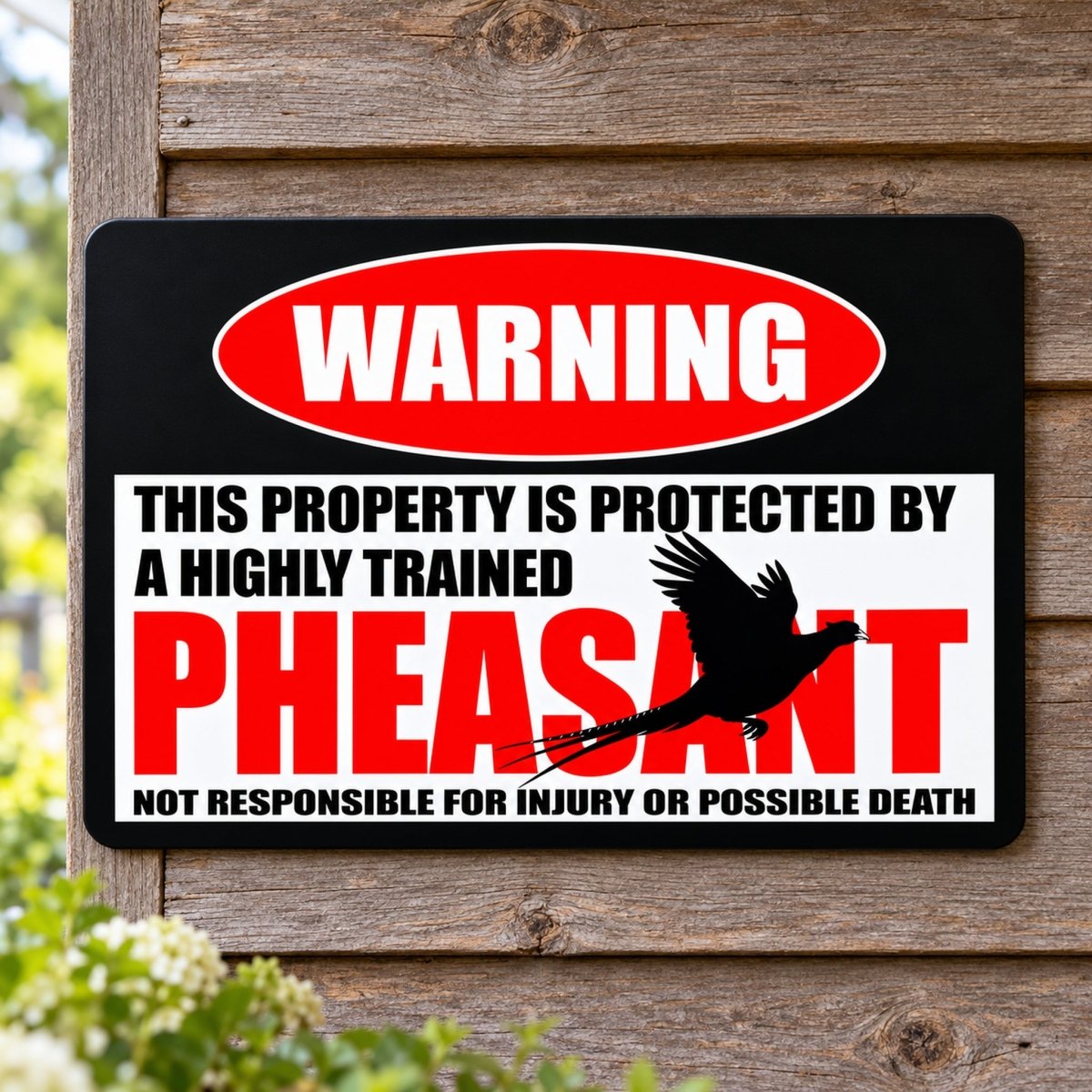 Highly trained pheasant metal warning sign with the line not responsible for injury or possible death