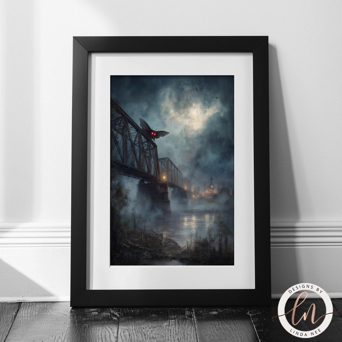 The image is a framed artwork depicting a bridge with a large, glowing insect perched on it, set against a dark, stormy sky.
