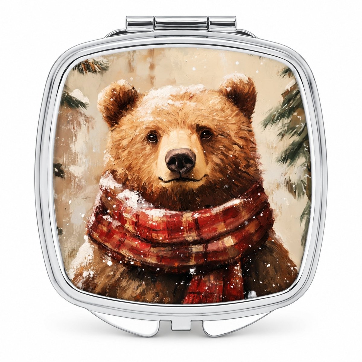 A close-up of a brown bear wearing a red and white plaid scarf, with snow falling in the background.