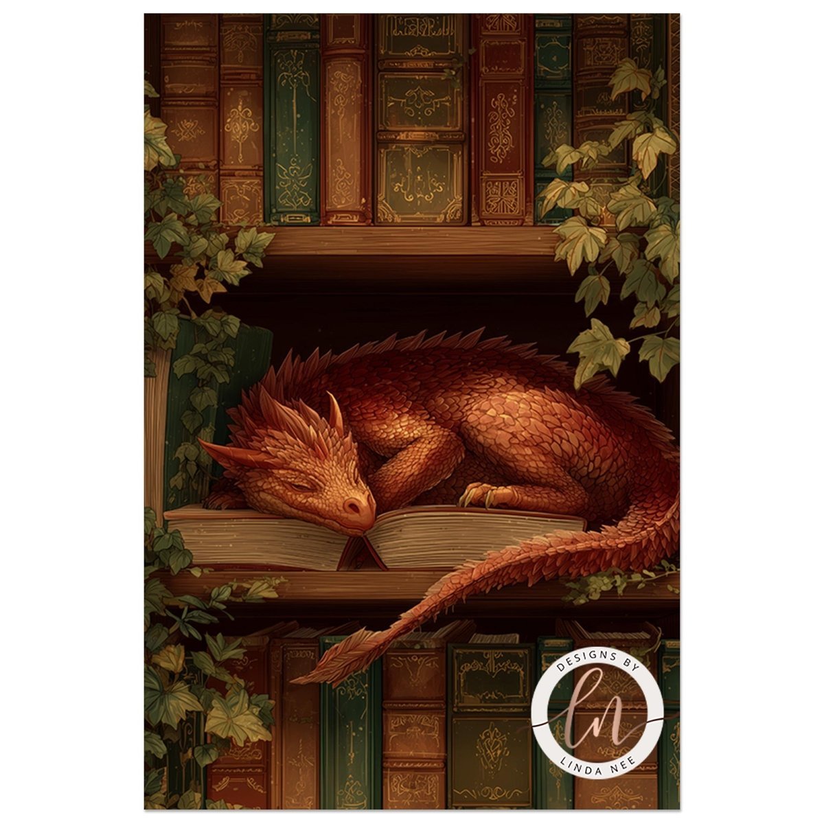 A large, red dragon is curled up and sleeping on top of a book, surrounded by a lush, green environment with bookshelves and vines.