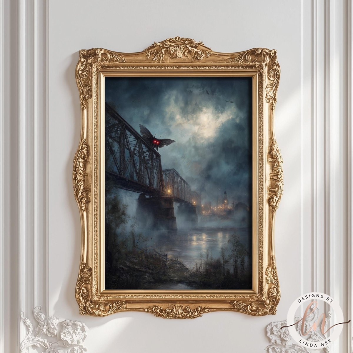 The image is a painting of a bridge with a butterfly flying over it, set against a dark, misty background. The painting is framed in an ornate gold frame and is displayed on a white wall.