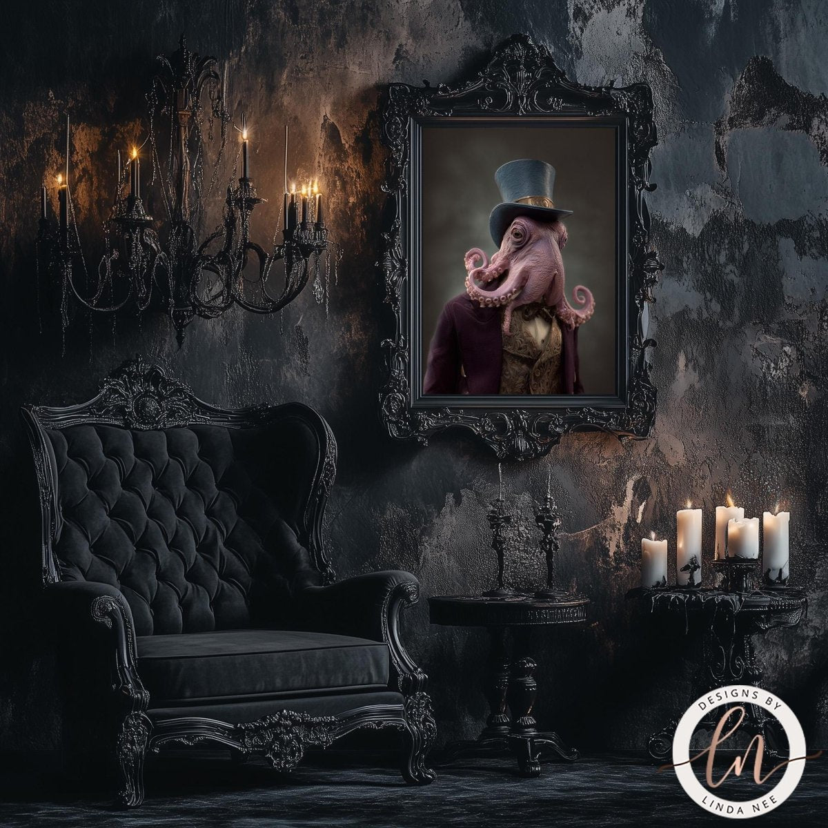 an octopus wearing a top hat and vest, standing in a dark, ornate room with a chandelier, a mirror, and candles.