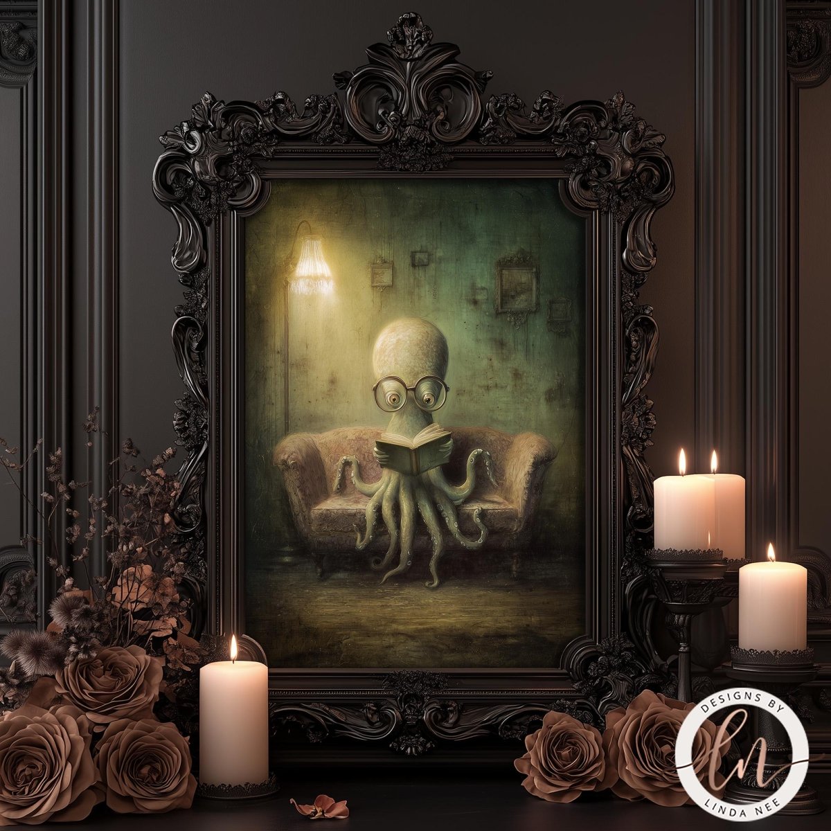 an octopus sitting on a couch, reading a book, with candles and flowers surrounding the scene.