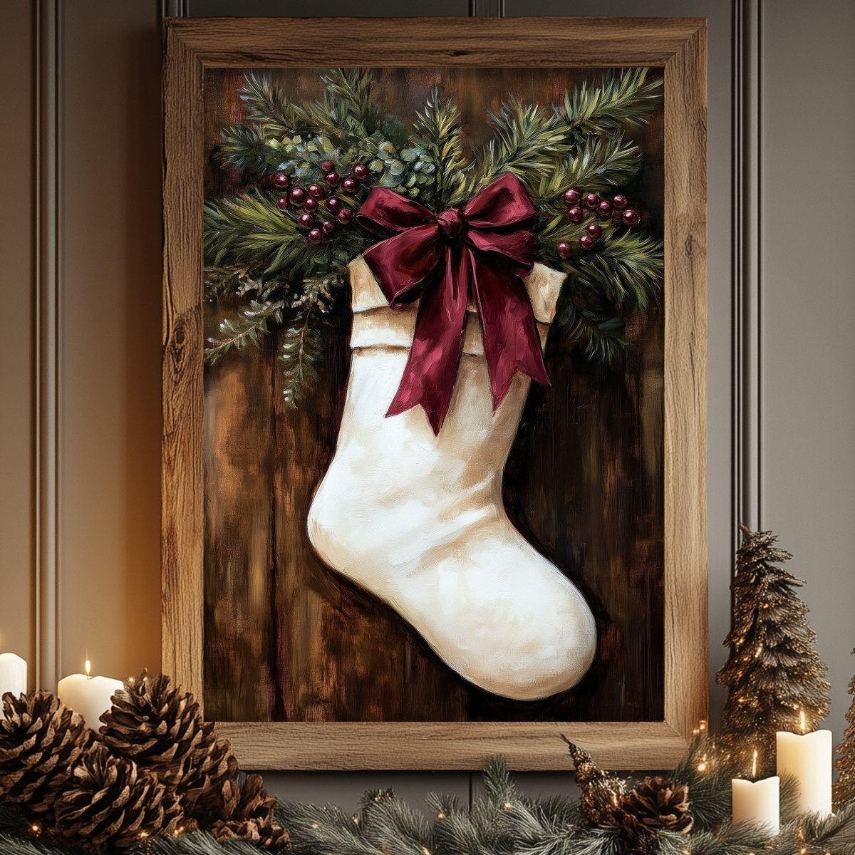 White Christmas stocking with a red bow tucked among pine branches