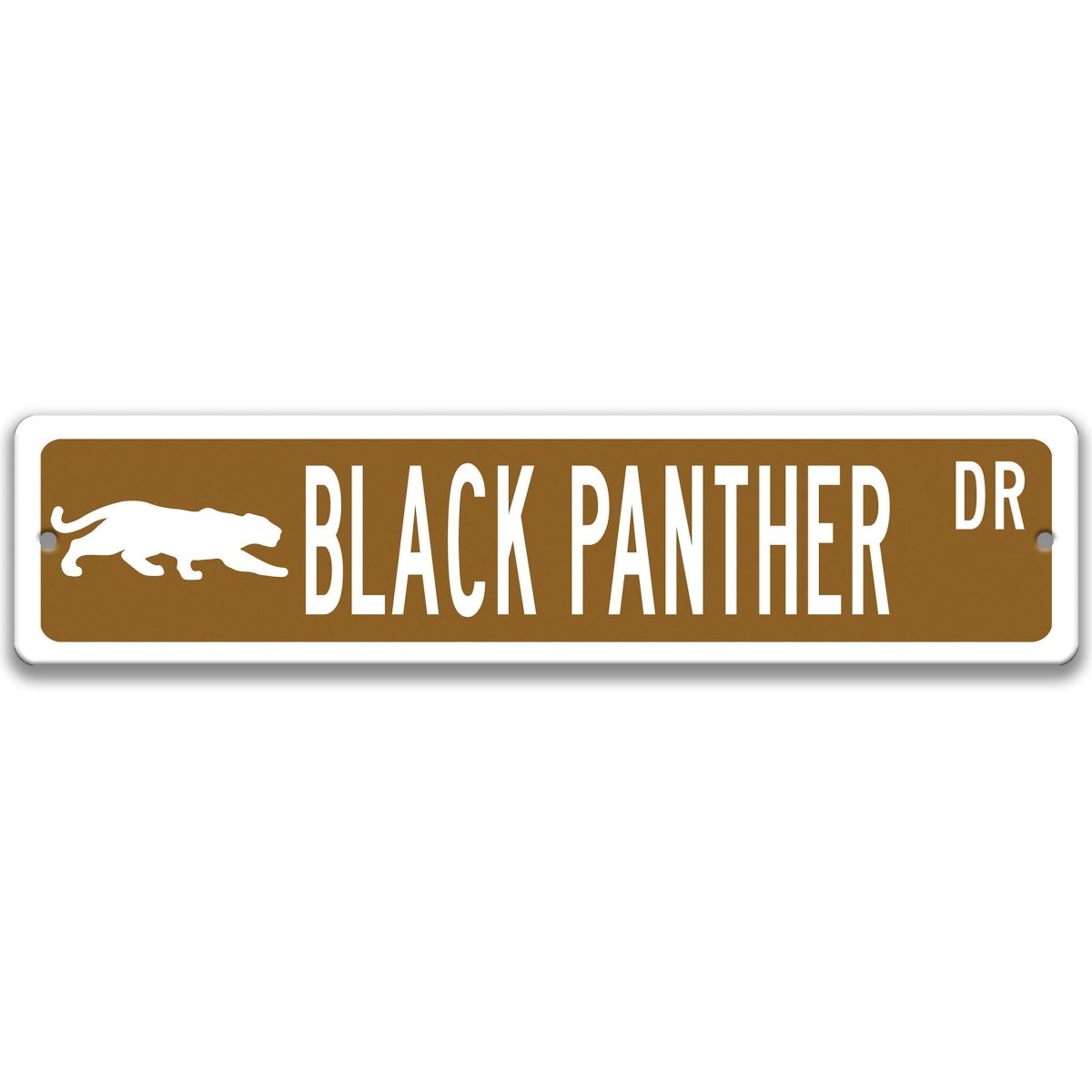 Black Panther metal street sign with a brown background reading BLACK PANTHER DR with a prowling panther silhouette
