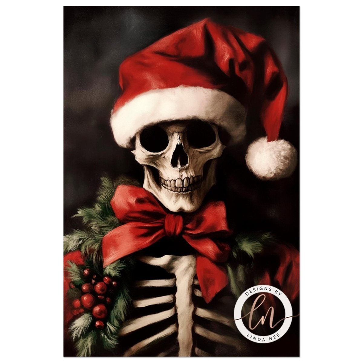 Grinning skeleton wearing a red Santa hat and bow with a holly wreath at its neck