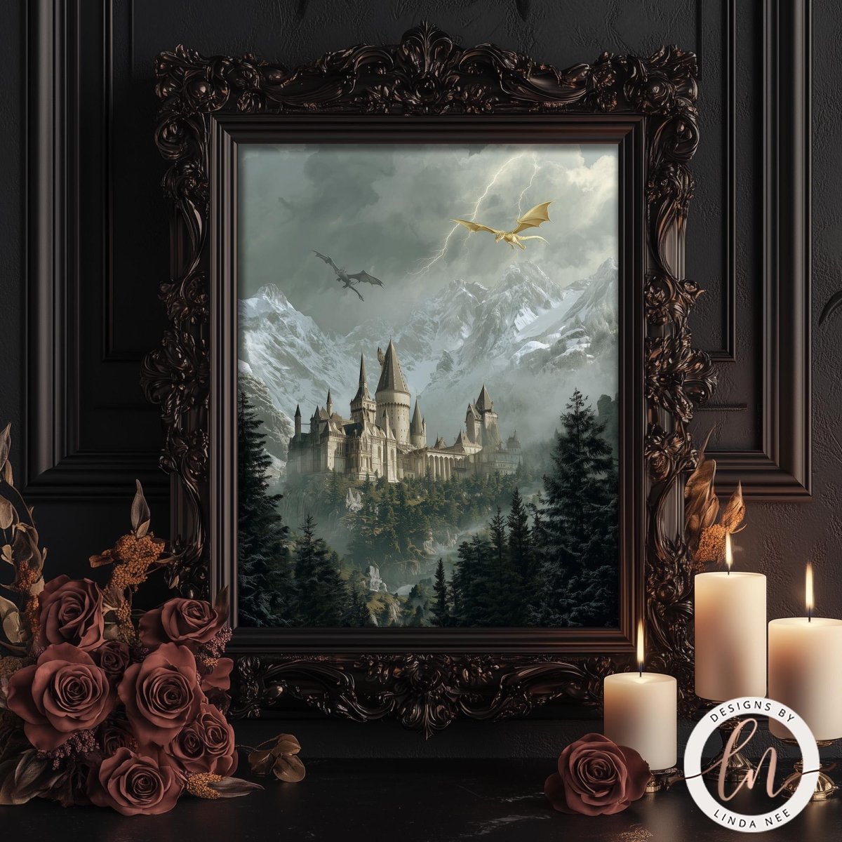 a framed painting of a castle surrounded by a misty forest, with a dragon flying above it. The painting is displayed on a dark wooden frame, and there are candles and red roses arranged in front of the frame.