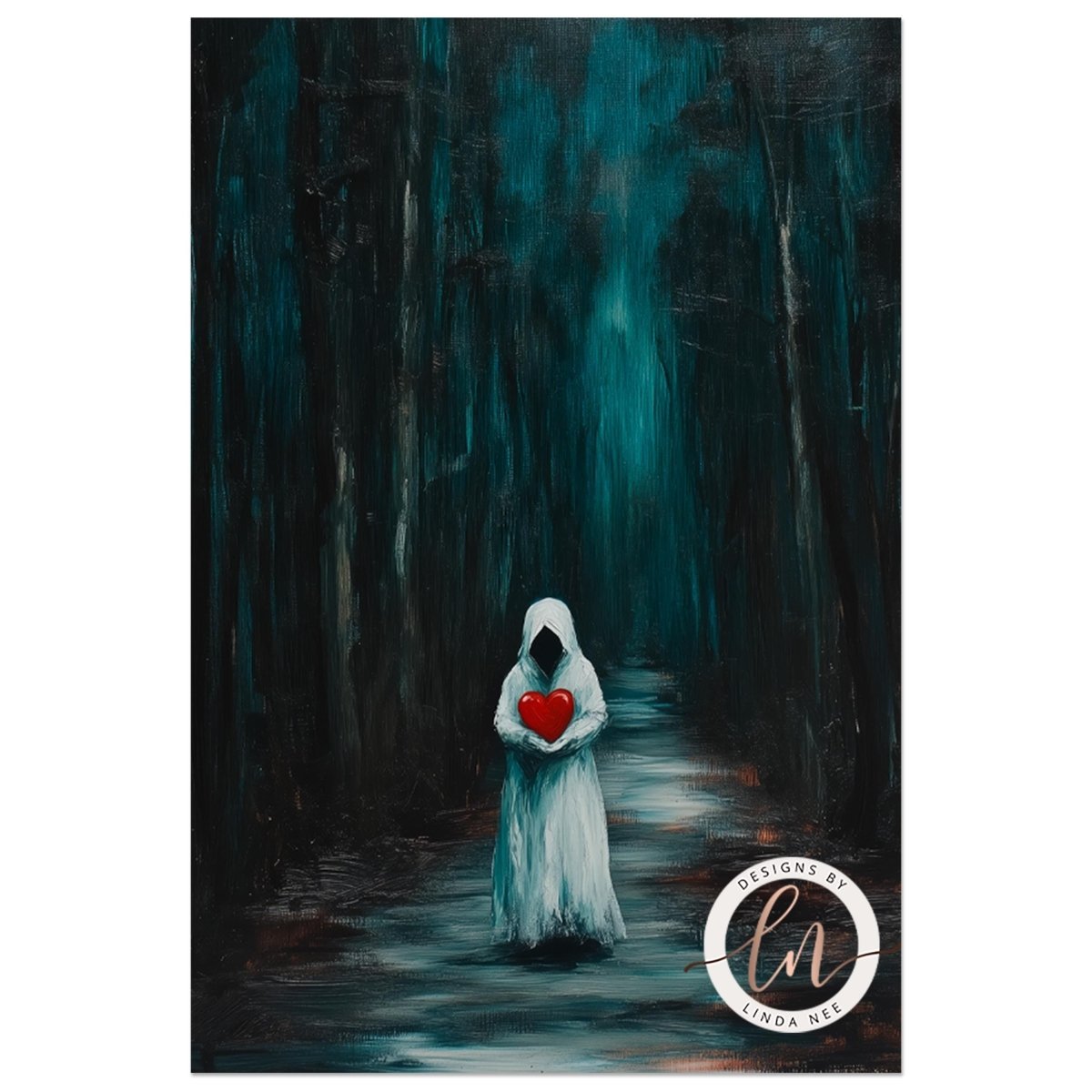 a person in a white hooded cloak holding a red heart, standing in a dark forest.