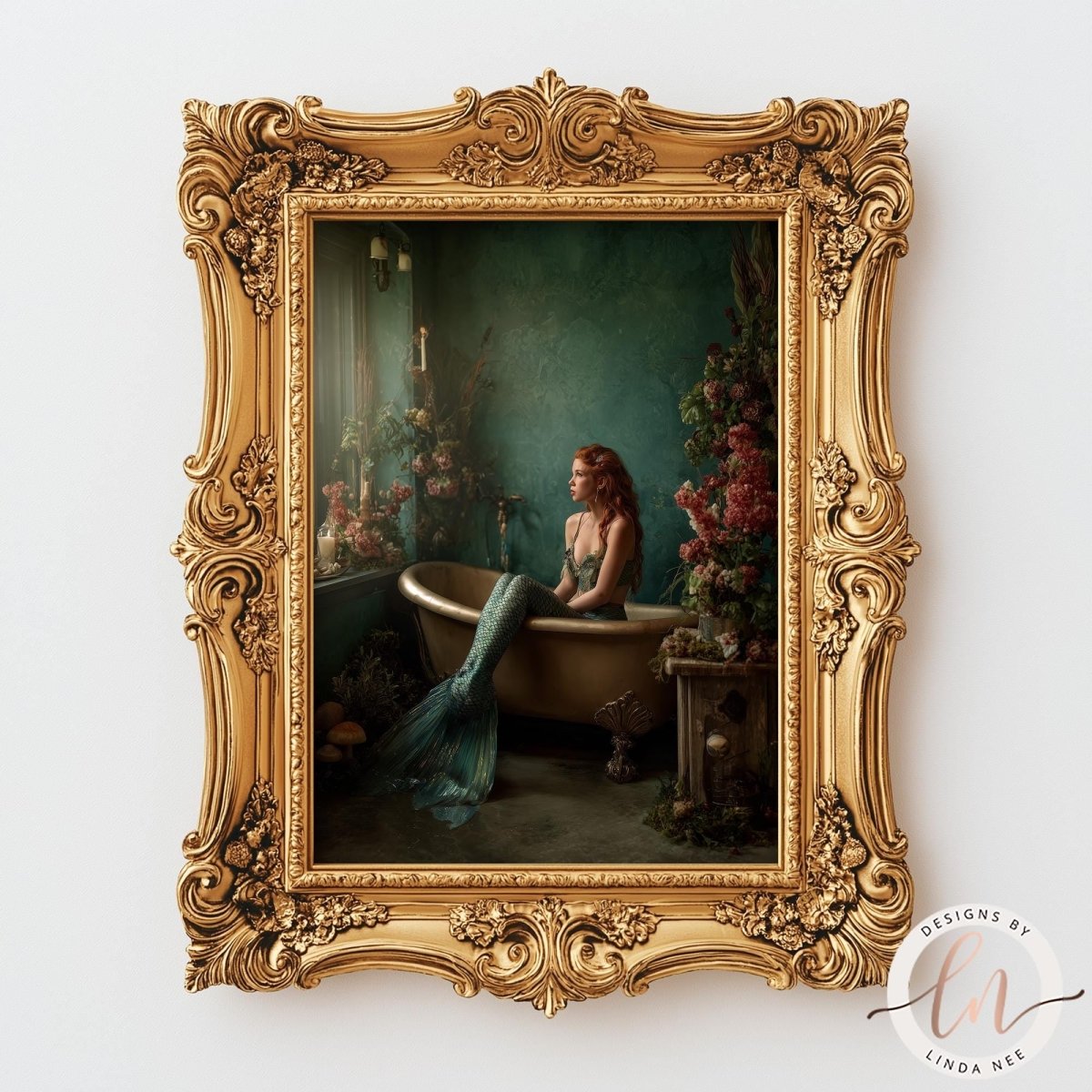 A mermaid sitting in a bathtub, surrounded by flowers and plants, in an ornate gold frame.
