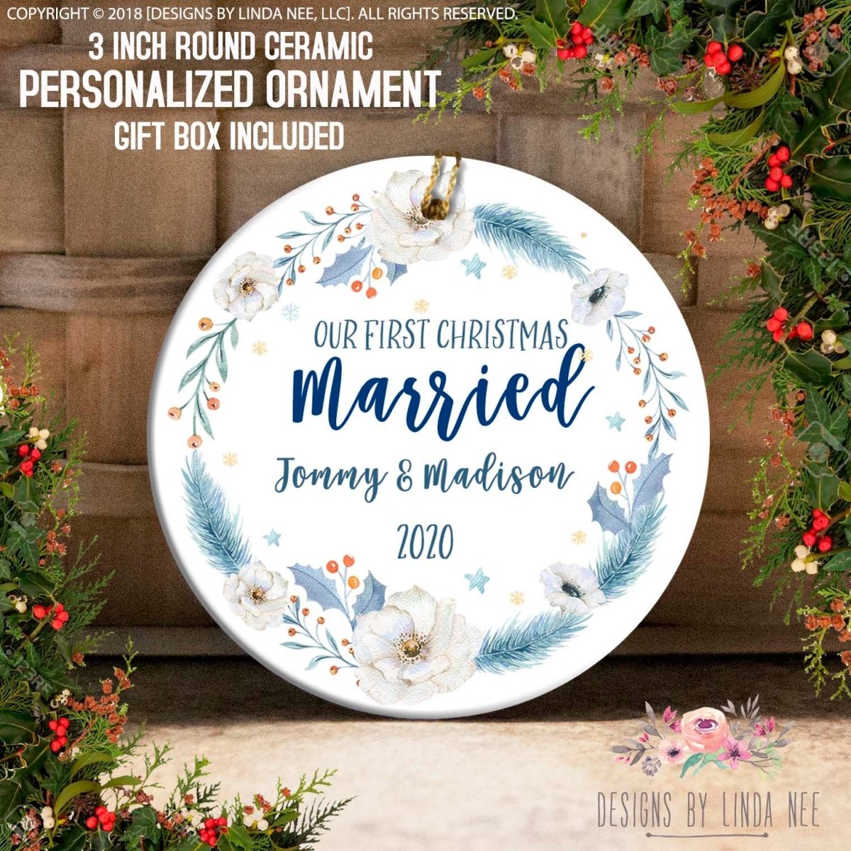a round ceramic ornament with a floral design, hanging on a wooden surface. The ornament has a personalized message that reads "Our first Christmas Married Jonny & Madison 2020", indicating that it is a gift for a newly married couple.