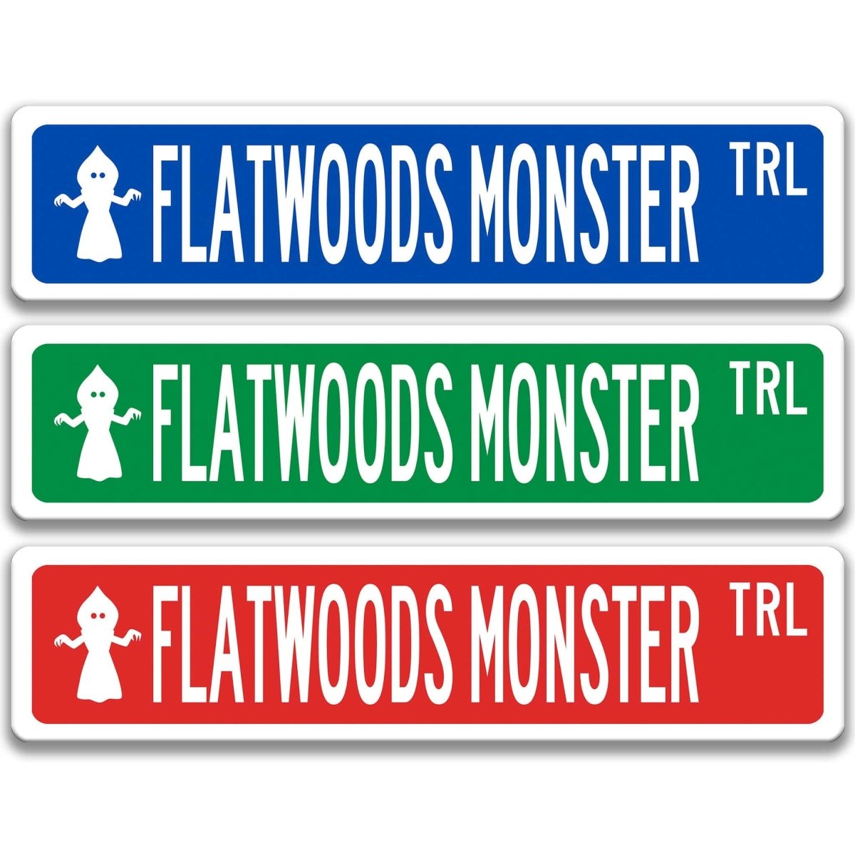 Flatwoods Monster TRL street name sign shown in three aluminum color options, with Flatwoods Monster icon