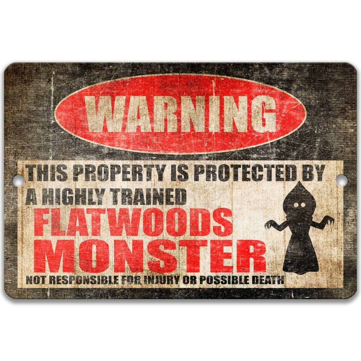 Flatwoods Monster warning metal sign, glossy black, red WARNING oval and flatwoods monster silhouette