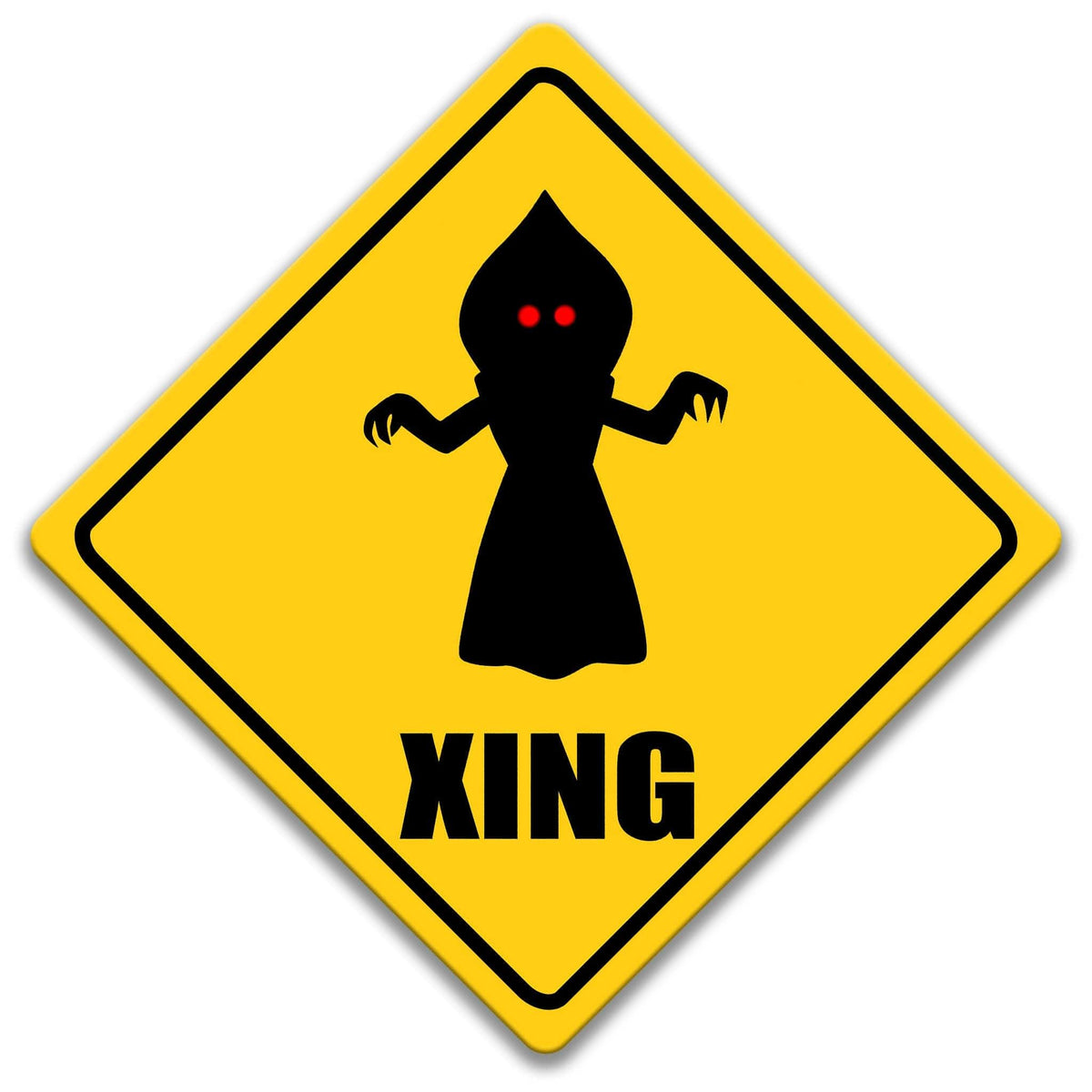 Flatwoods Monster XING crossing sign, yellow diamond shape, bold black Flatwoods Monster silhouette above XING text