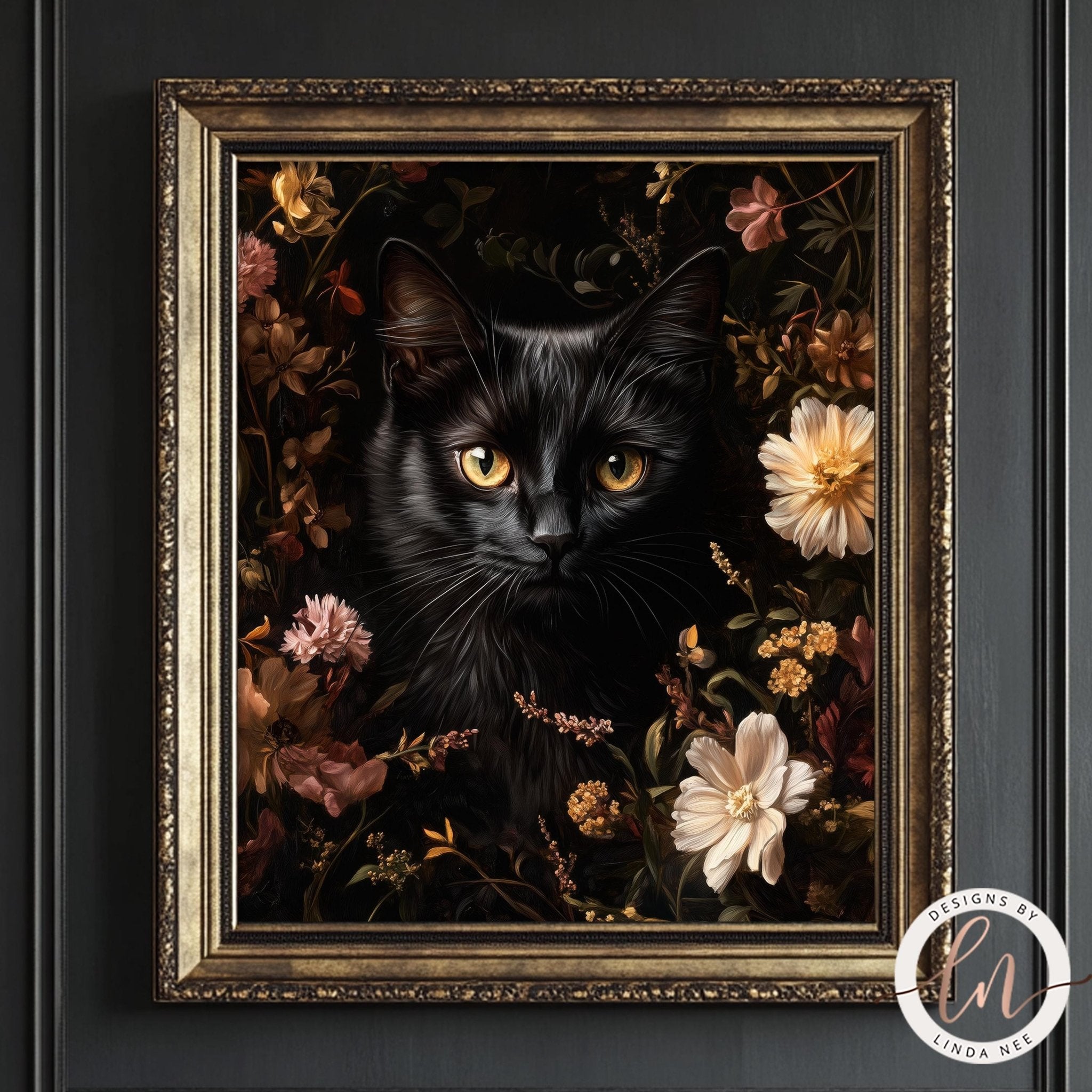 Floral Black Cat Metal Art Print - Gothic Home Decor