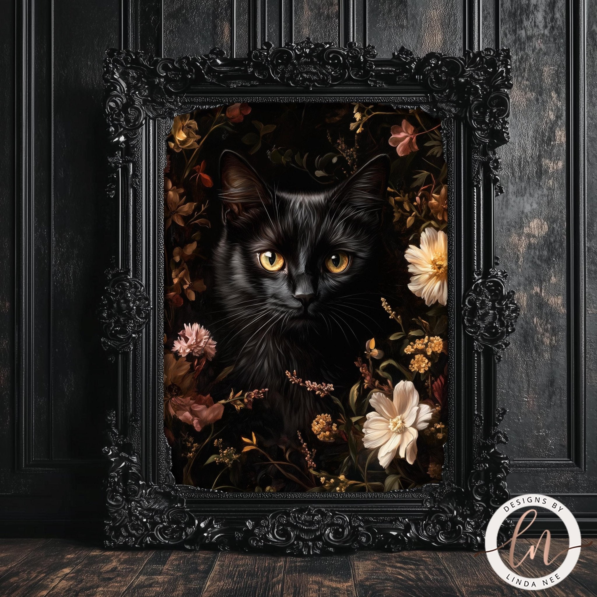 Floral Black Cat Metal Art Print - Gothic Home Decor