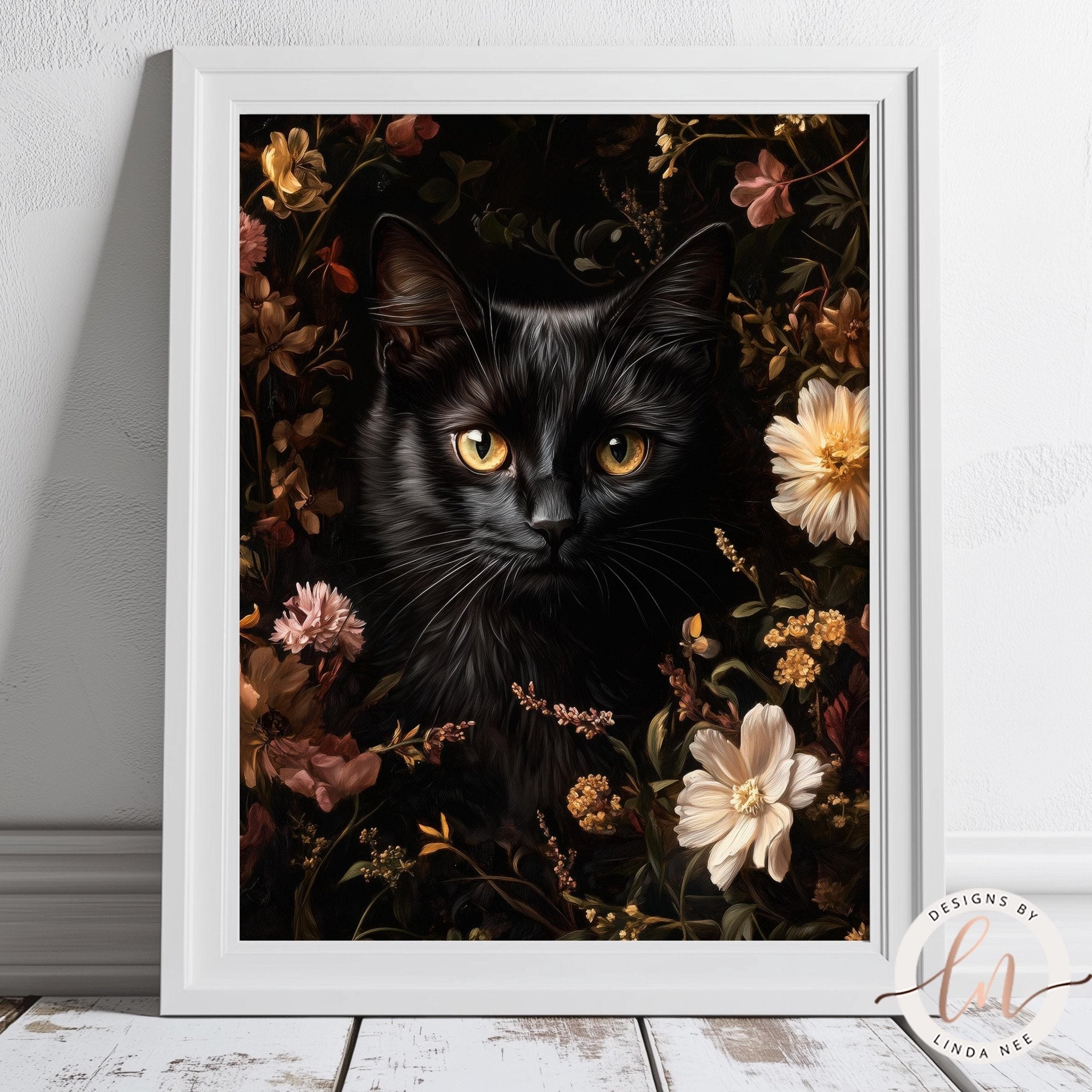 Floral Black Cat Metal Art Print - Gothic Home Decor