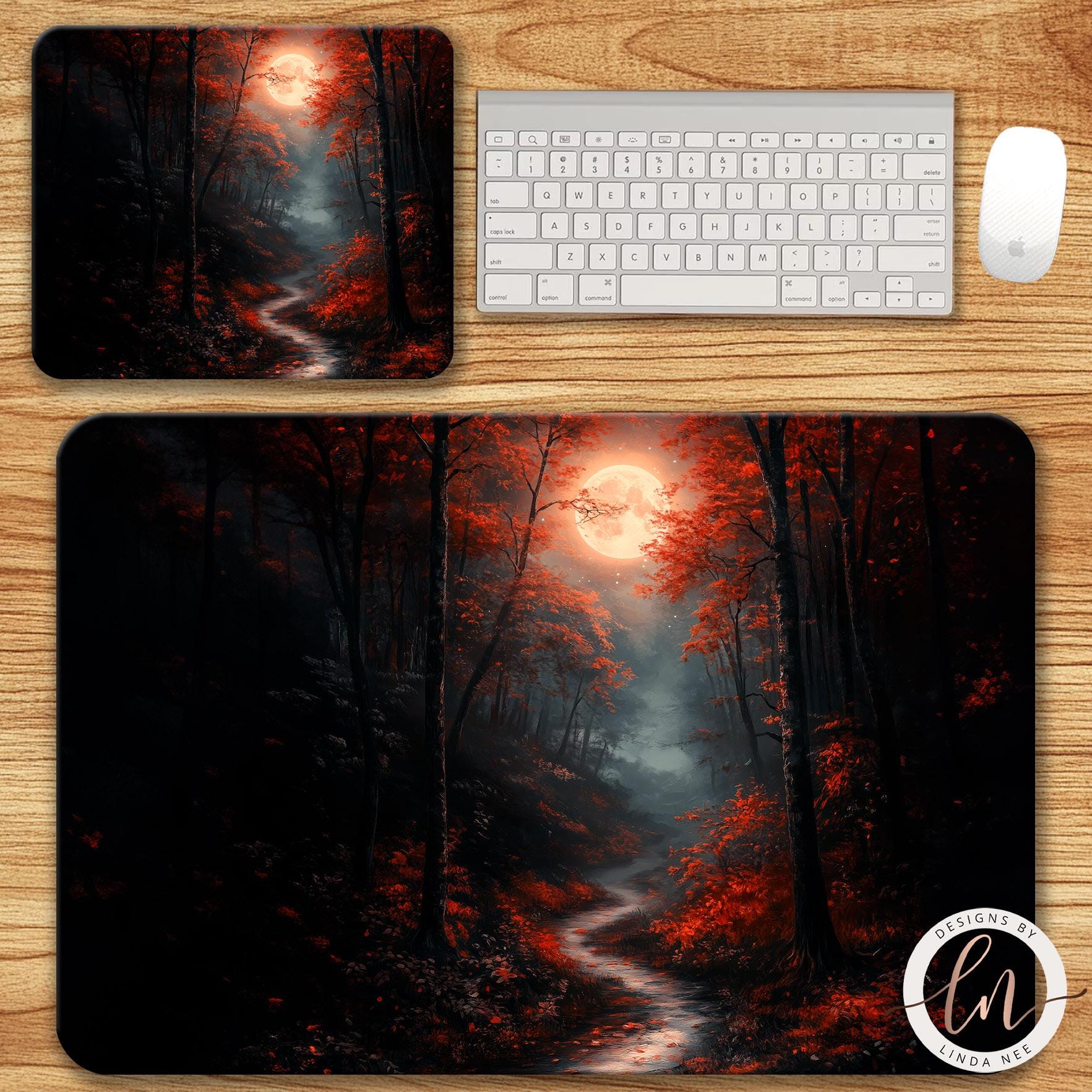Forest Mousepad - Dark Cottagecore Autumn Full Moon Art