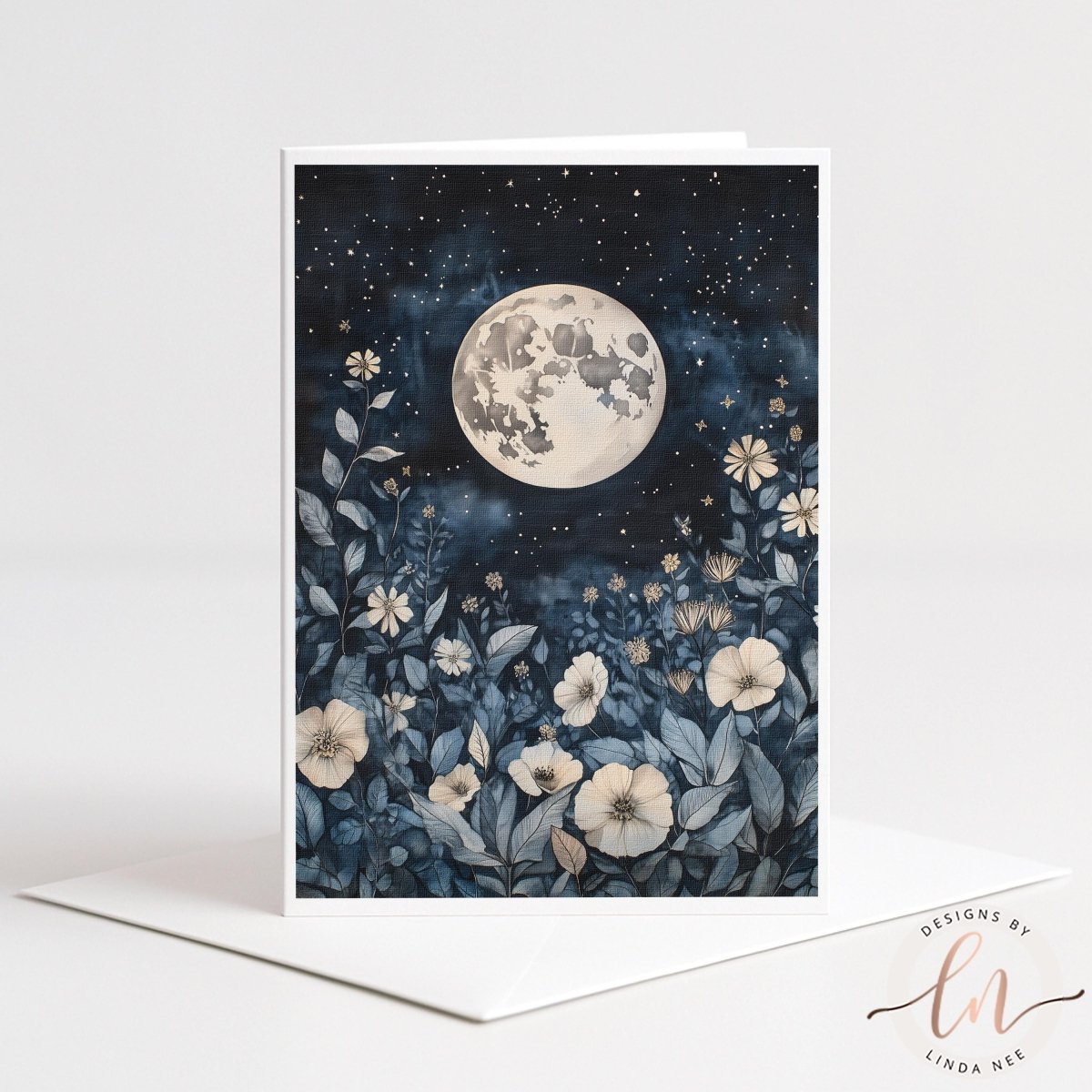 The image is a watercolor painting depicting a night scene with a full moon, flowers, and stars against a dark blue background.