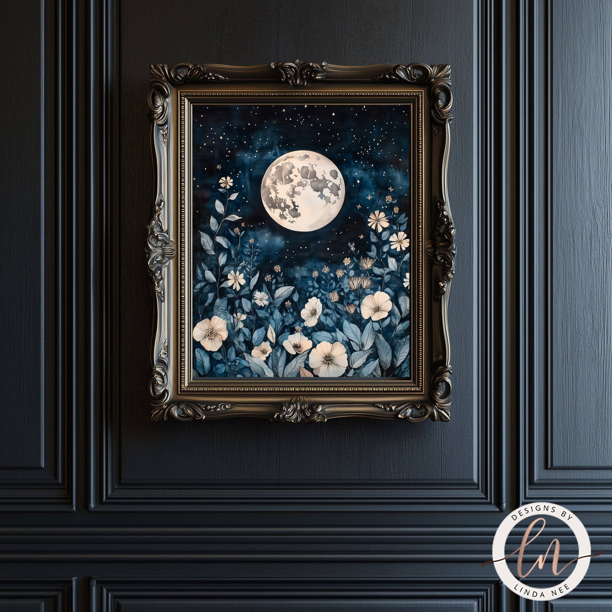 Full Moon Celestial Botanical Wall Art - Metal or Paper