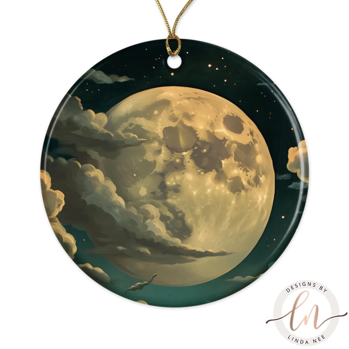 A large, full moon against a dark night sky with clouds and stars.