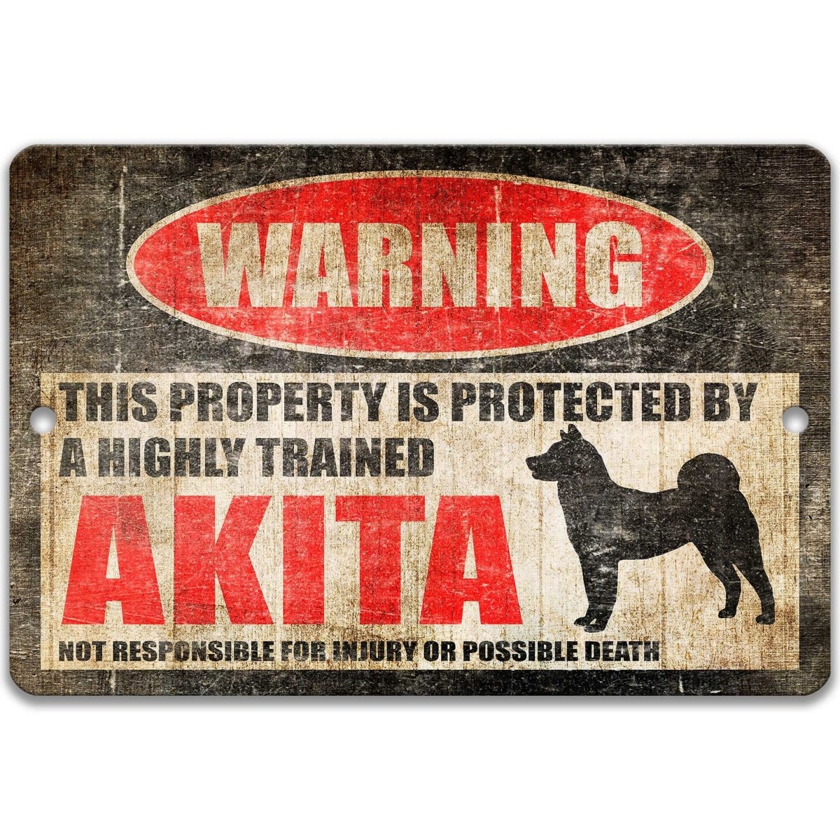 Vintage-style sign with a warning about a highly trained Akita dog.