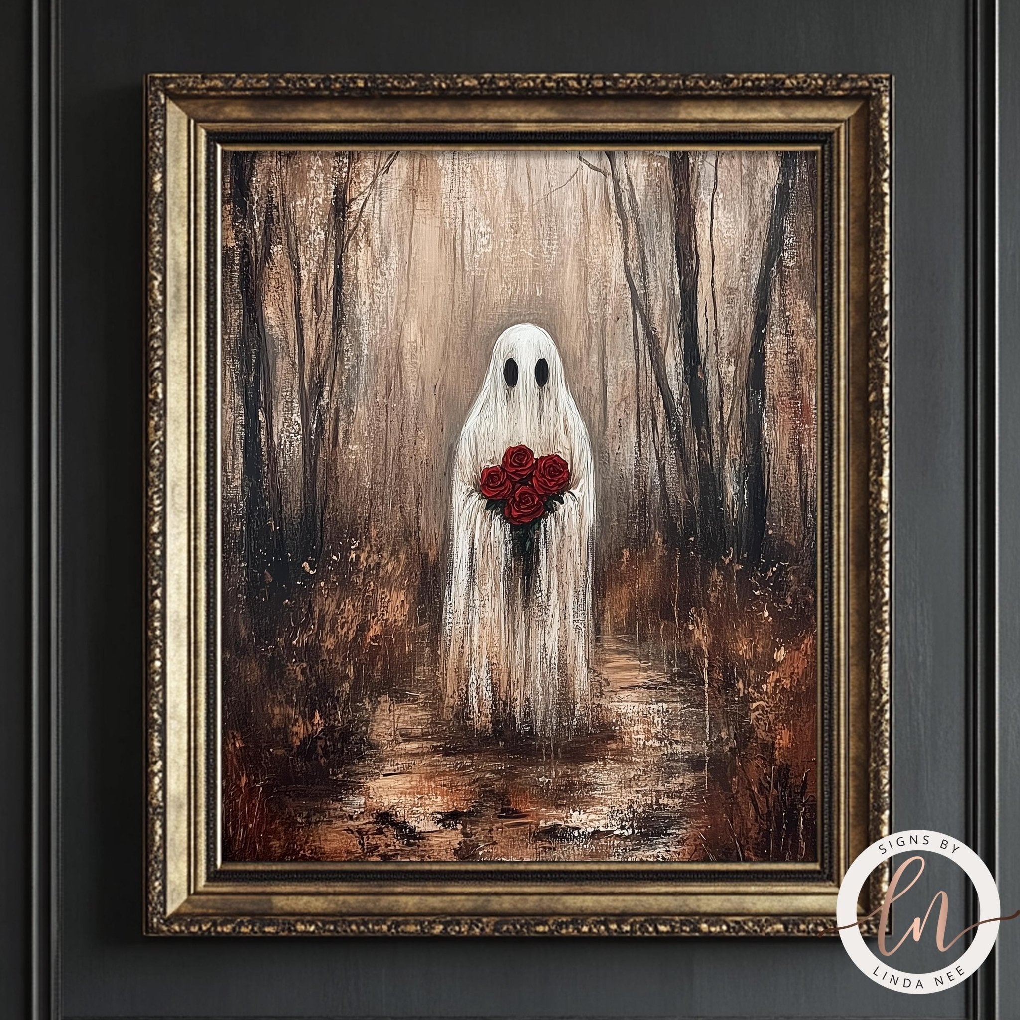 Gothic Ghost with Roses Wall Art – Dark Romantic Print