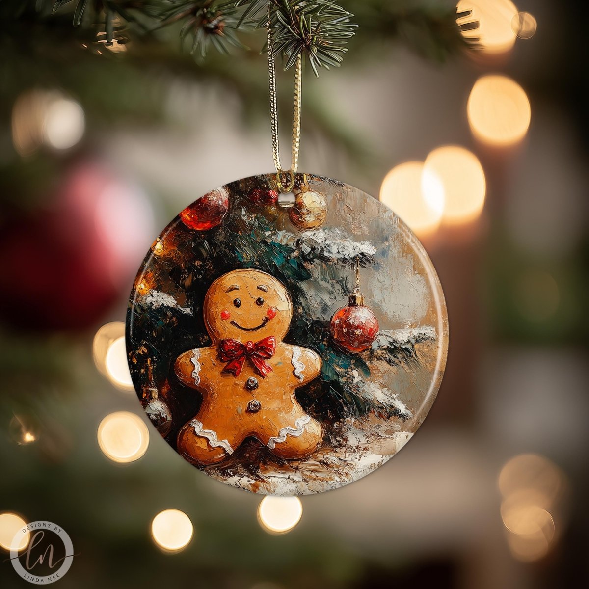 Ceramic ornament featuring a smiling gingerbread man in front of a decorated Christmas tree with warm lights and red baubles.
