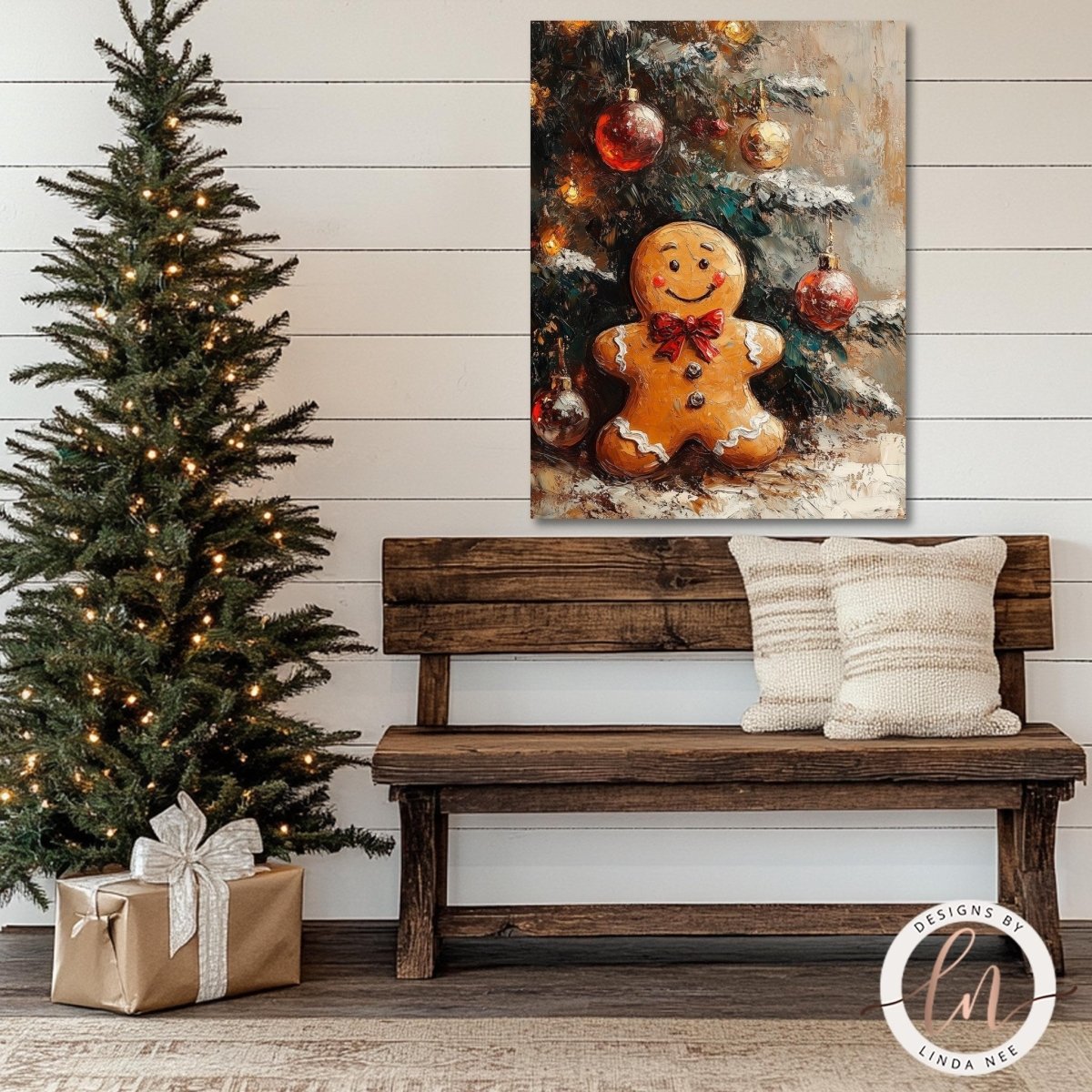 a cozy Christmas scene with a wooden bench, a decorated Christmas tree, and a gingerbread man painting on the wall.