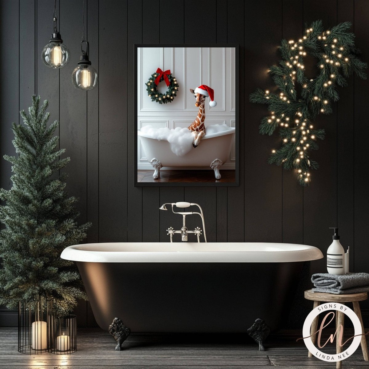 A black clawfoot bathtub with a giraffe sitting in it, wearing a Santa hat, and surrounded by holiday decorations such as a wreath and twinkling lights.