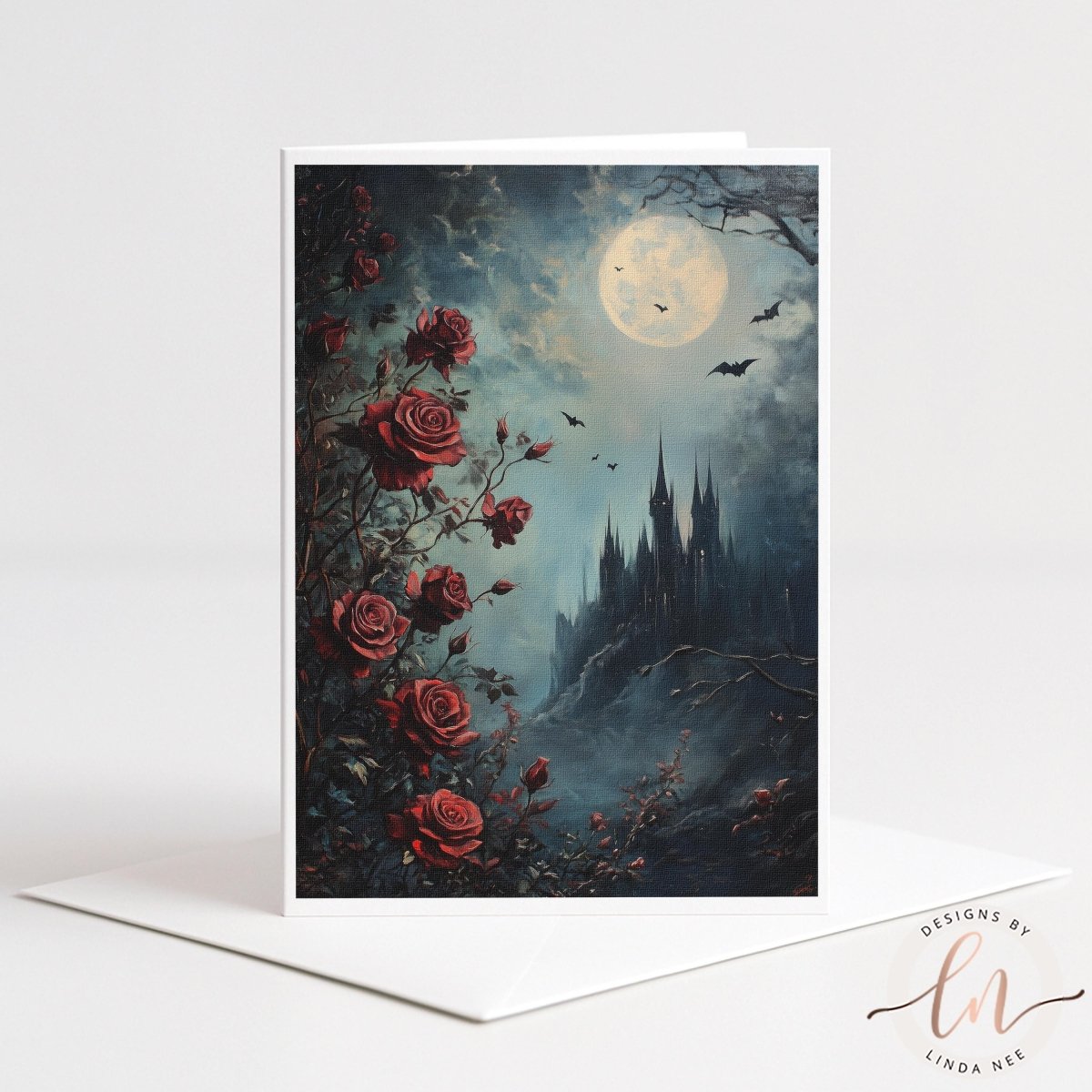 The image is a painting depicting a castle surrounded by a garden with red roses, a full moon, and bats flying in the sky.