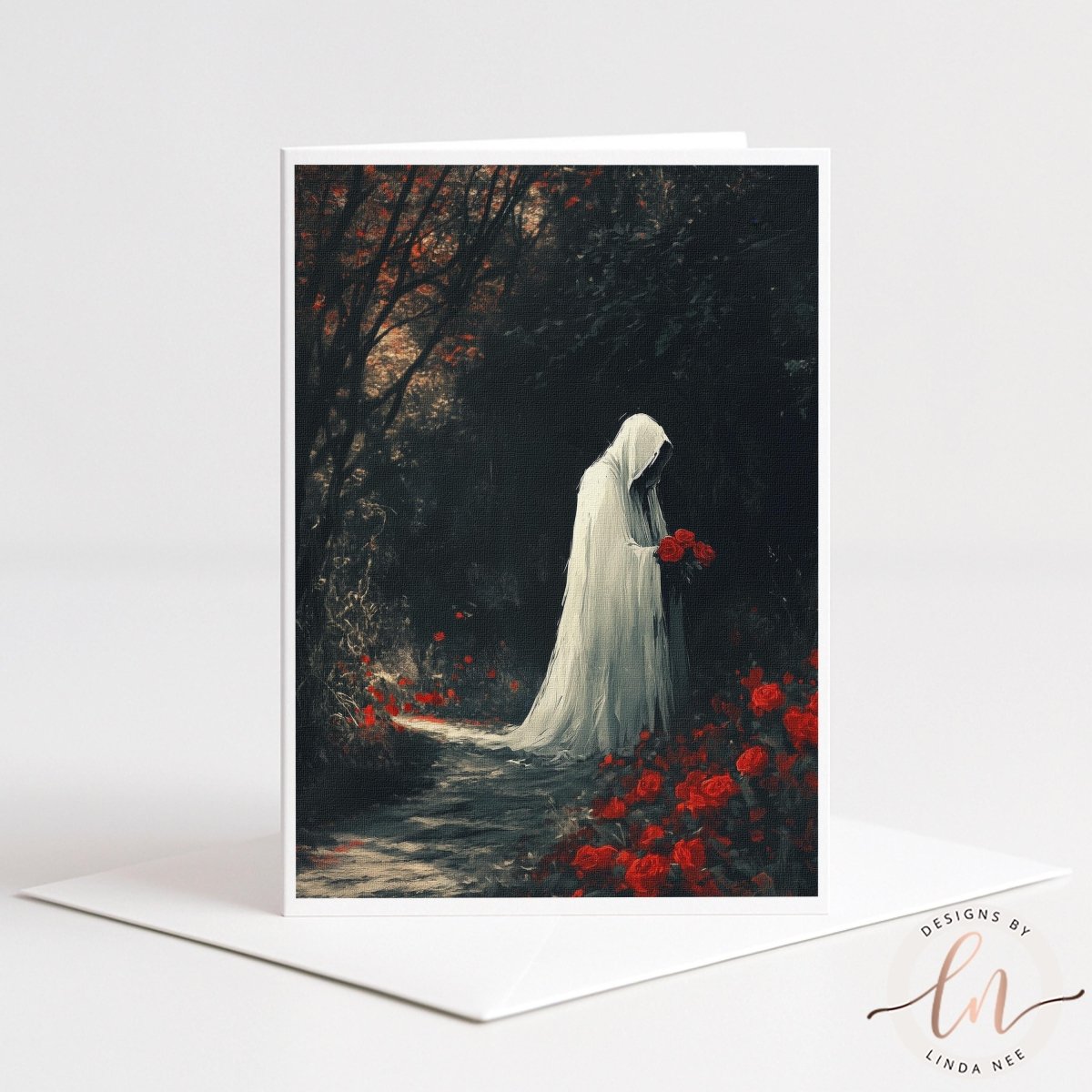 A person in a white robe stands amidst a field of red flowers, with a path leading through the scene.