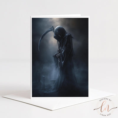 A dark, ominous figure with a scythe stands in a misty, foreboding landscape, evoking a sense of foreboding and dread.