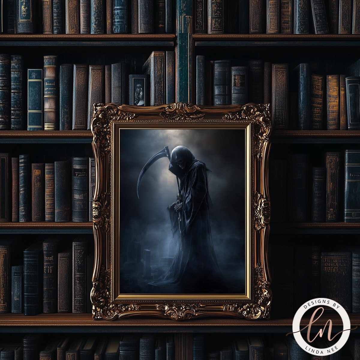 a dark, ominous figure in a gothic-style costume, standing in a dimly lit room surrounded by bookshelves.