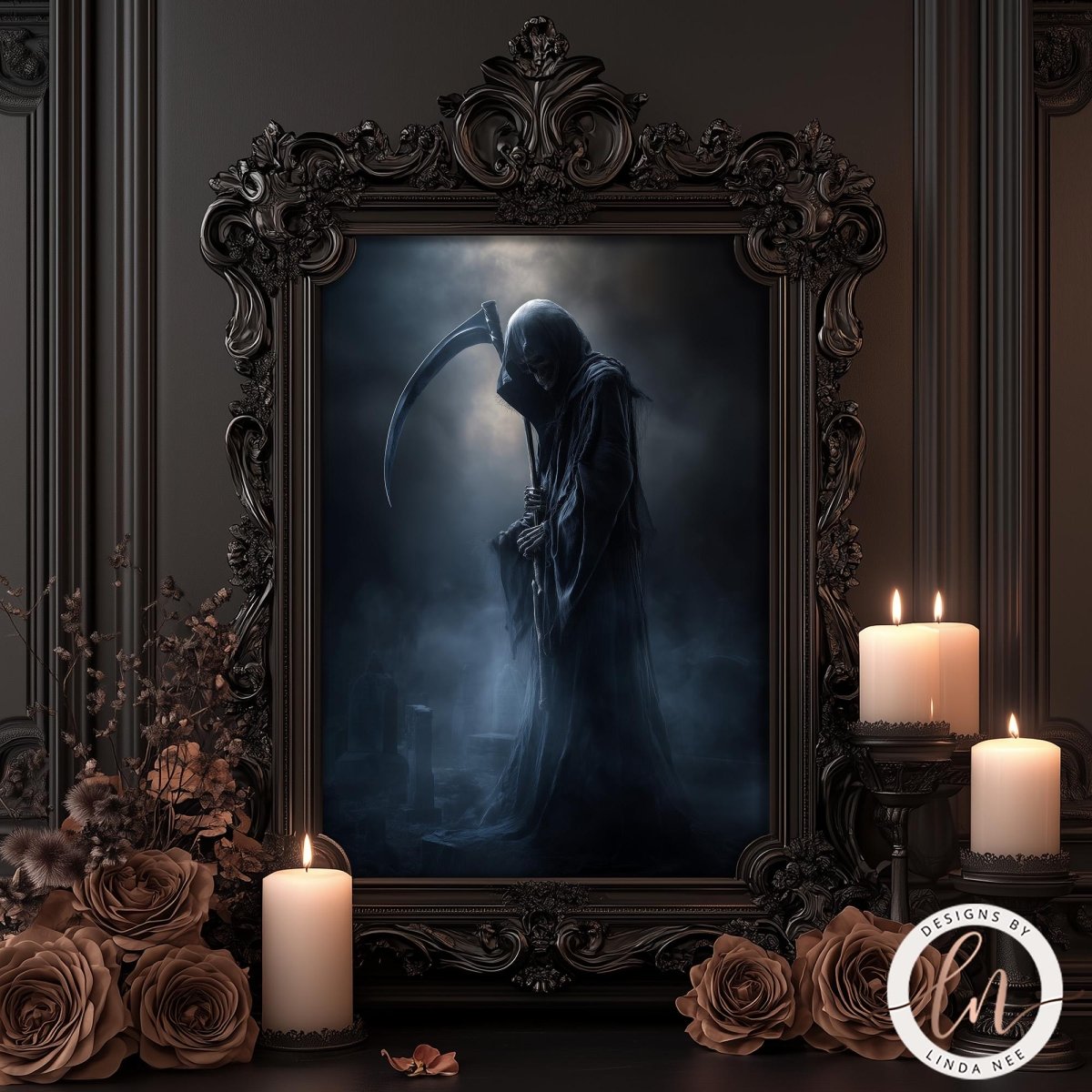 a dark, ominous figure with a scythe, standing in a dark, ominous setting. The figure is framed within an ornate, dark frame, and there are lit candles and brown roses surrounding the frame.