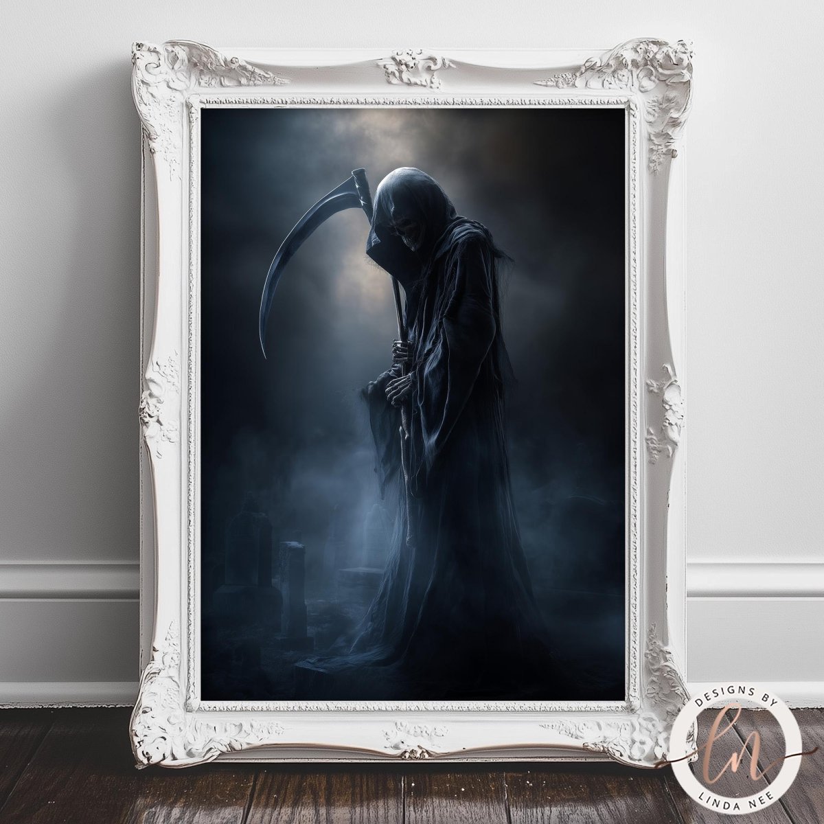 A dark, ominous figure with a long, ominous staff stands in a foggy, atmospheric setting, framed in an ornate white frame.