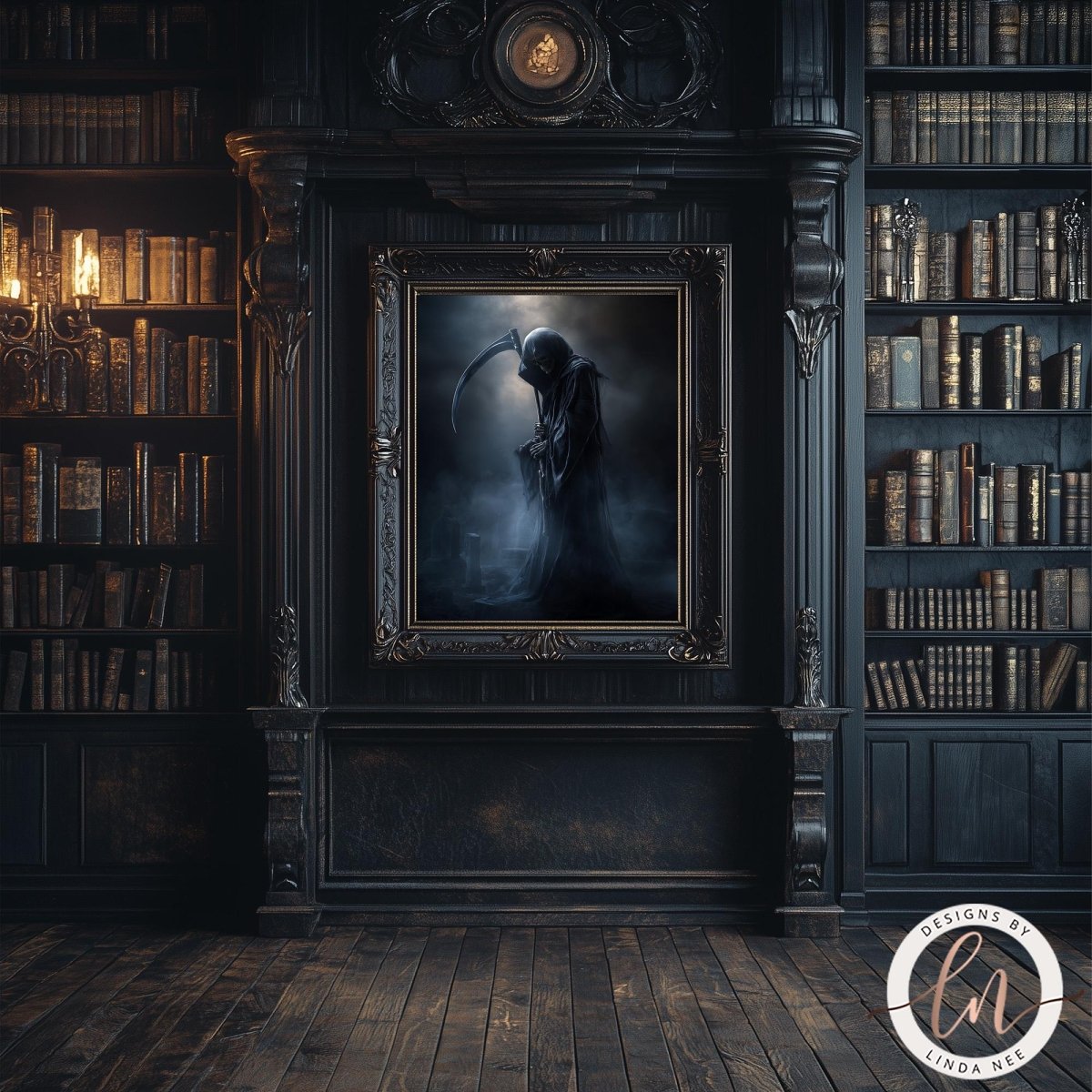 a dark, gothic-themed room with a large, ornate fireplace as the focal point. The fireplace has a framed painting of a figure with a scythe hanging above it. The room is filled with numerous bookshelves, creating a sense of a library or study. The overall atmosphere of the room is dark and mysterious, with the presence of the painting and the bookshelves adding to the eerie ambiance.