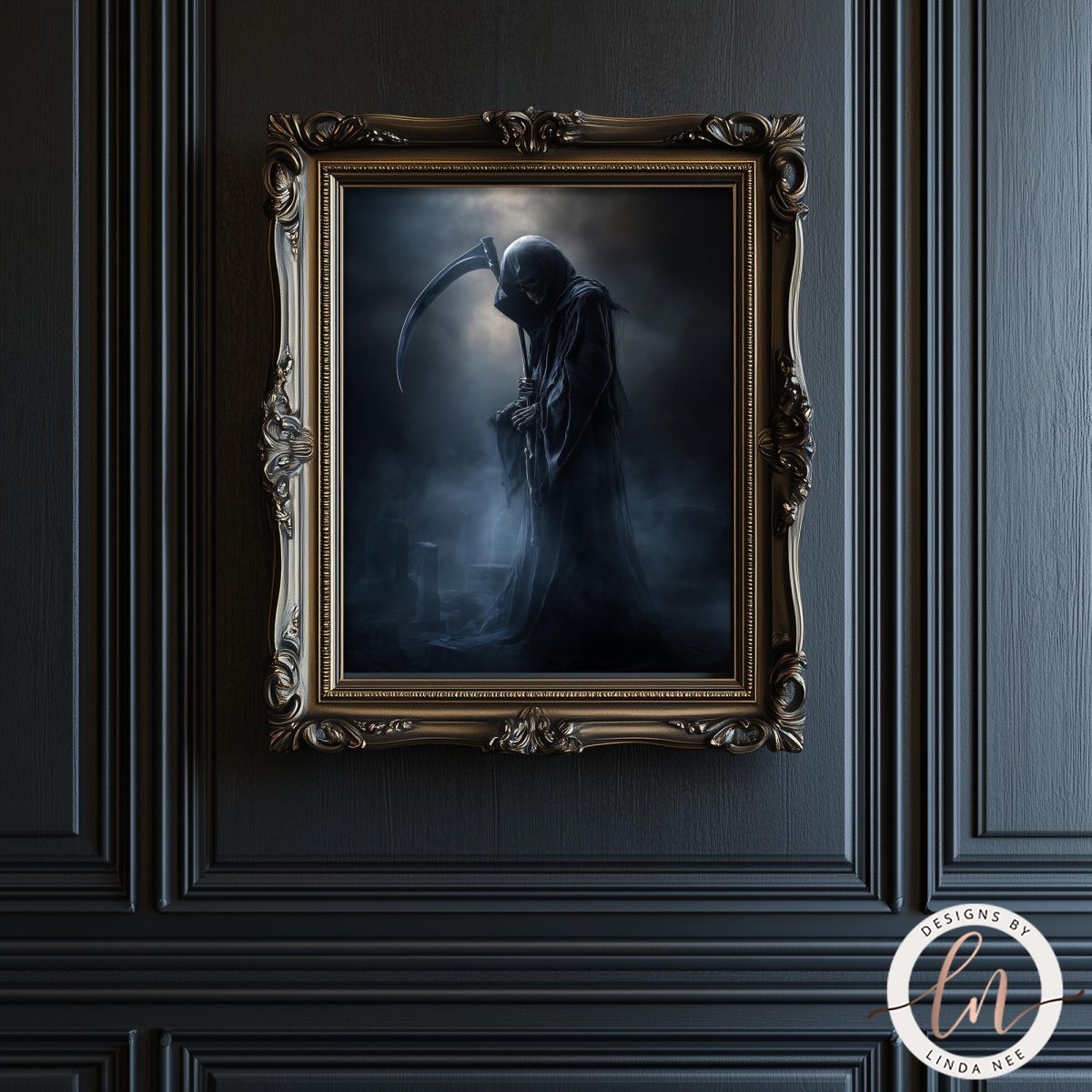 a dark, ominous figure with a scythe, depicted in a gilded frame, mounted on a dark paneled wall.