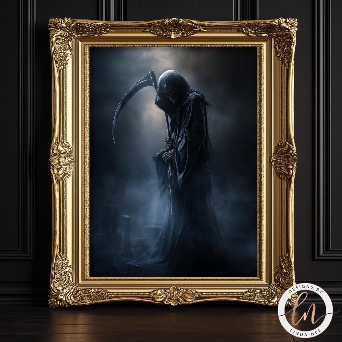 a dark, ominous figure with a long, flowing cloak and a large, ominous scythe, set against a dark, misty background. The figure is standing in a dark, foreboding setting, creating a sense of foreboding and unease.