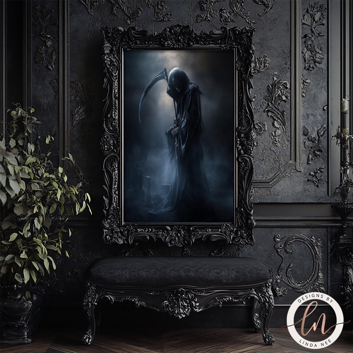 a dark, ominous figure with a long, ominous figure of a skull and crossbones, set against a dark, ornate background.