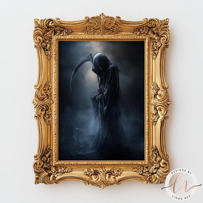 a dark, ominous figure with a long, flowing cloak and a scythe, set against a dark, misty background. The figure is framed within an ornate, gilded frame, which adds an air of mystery and foreboding to the scene.